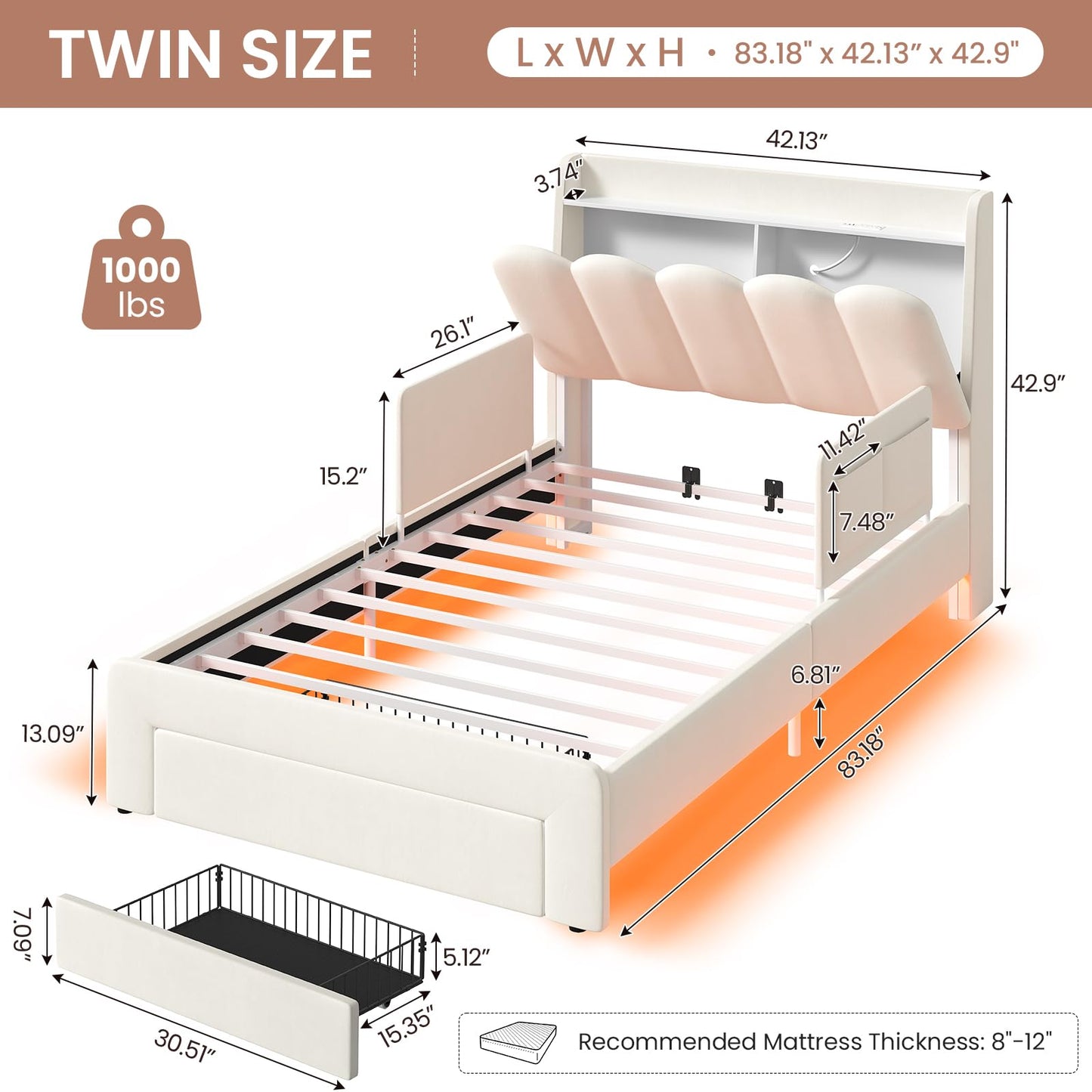 DICTAC Twin Size LED Bed Frame with Storage Drawer and Safety Guardrails, Velvet Upholstered Platform Bed for Kids with Chic Wavy Storage Headboard, Charging Station, Heavy Duty Metal Support, Beige