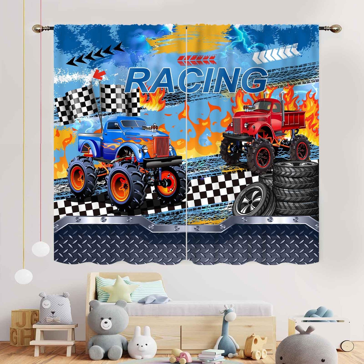 Truck Curtains for Boys Room, Cool Banner Burning Flame Car Cartoon Monster Racing Theme Window Drapery Treatments for Boys Kids Bedroom Living Room Playroom Nursery 2 Panels, 42"x45" Inch
