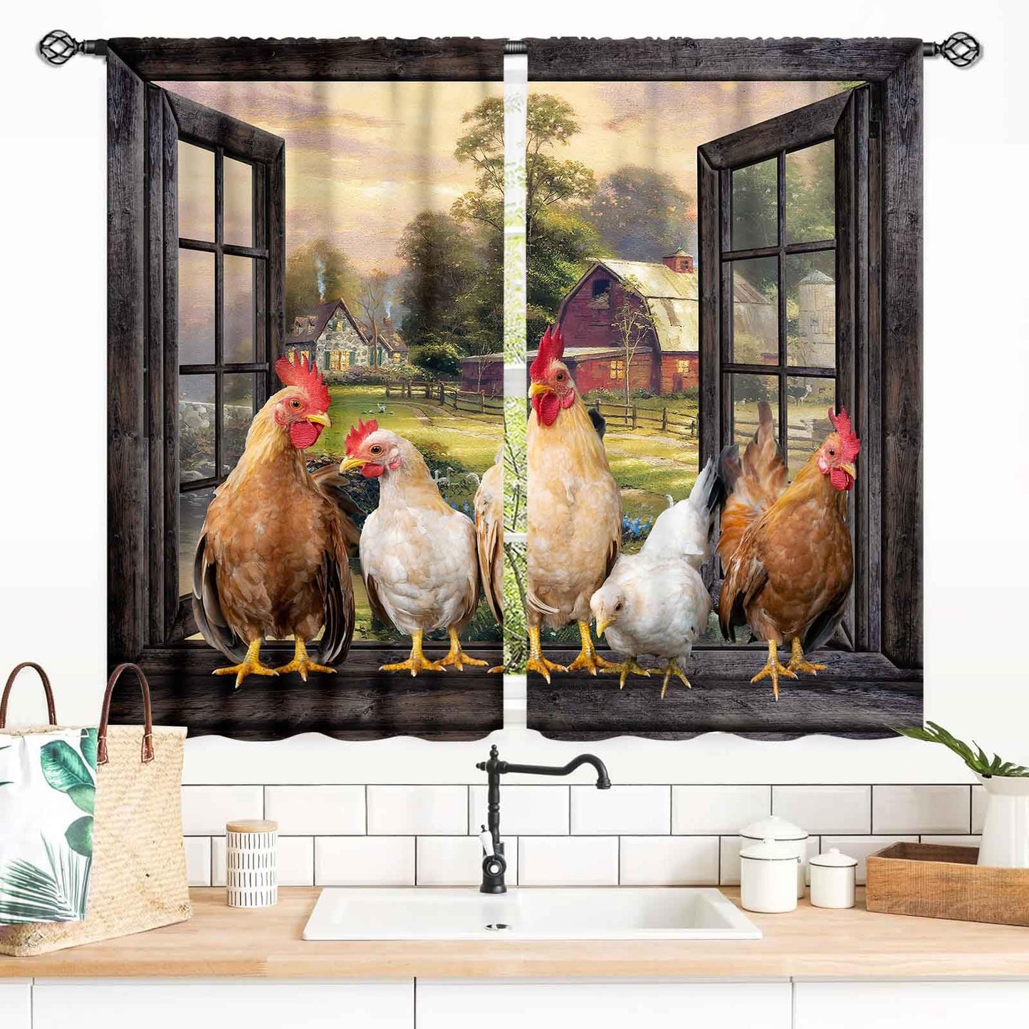 Rooster Kitchen Curtains, Farmhouse Country Farm Animal Rural Rustic Chicken Pattern Printed Blackout Small Short Window Drapery Treatments for Bedroom Living Room Dining Room 2 Panels, 55x39 Inch