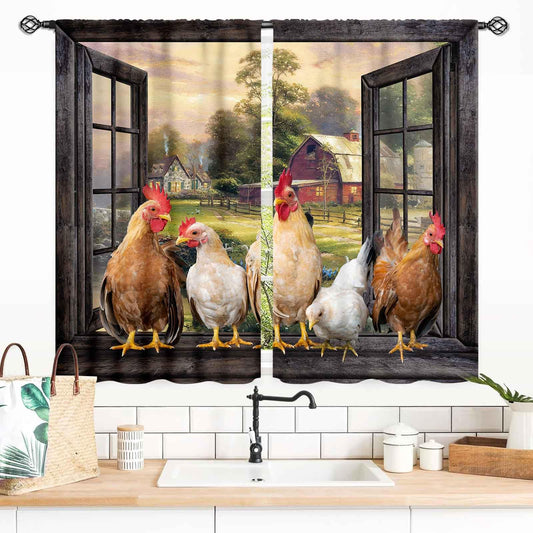 Rooster Kitchen Curtains, Farmhouse Country Farm Animal Rural Rustic Chicken Pattern Printed Blackout Small Short Window Drapery Treatments for Bedroom Living Room Dining Room 2 Panels, 55x39 Inch
