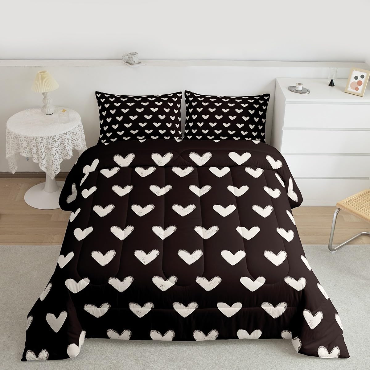 Erosebridal Love Comforter Set Queen Black and White Bedding for Kids Boys Girls Cute Heart Shaped Valentine Day Down Comforter Kawaii Cartoon Love Heart Geometric Duvet Insert Soft Warm Quilt 3Pcs
