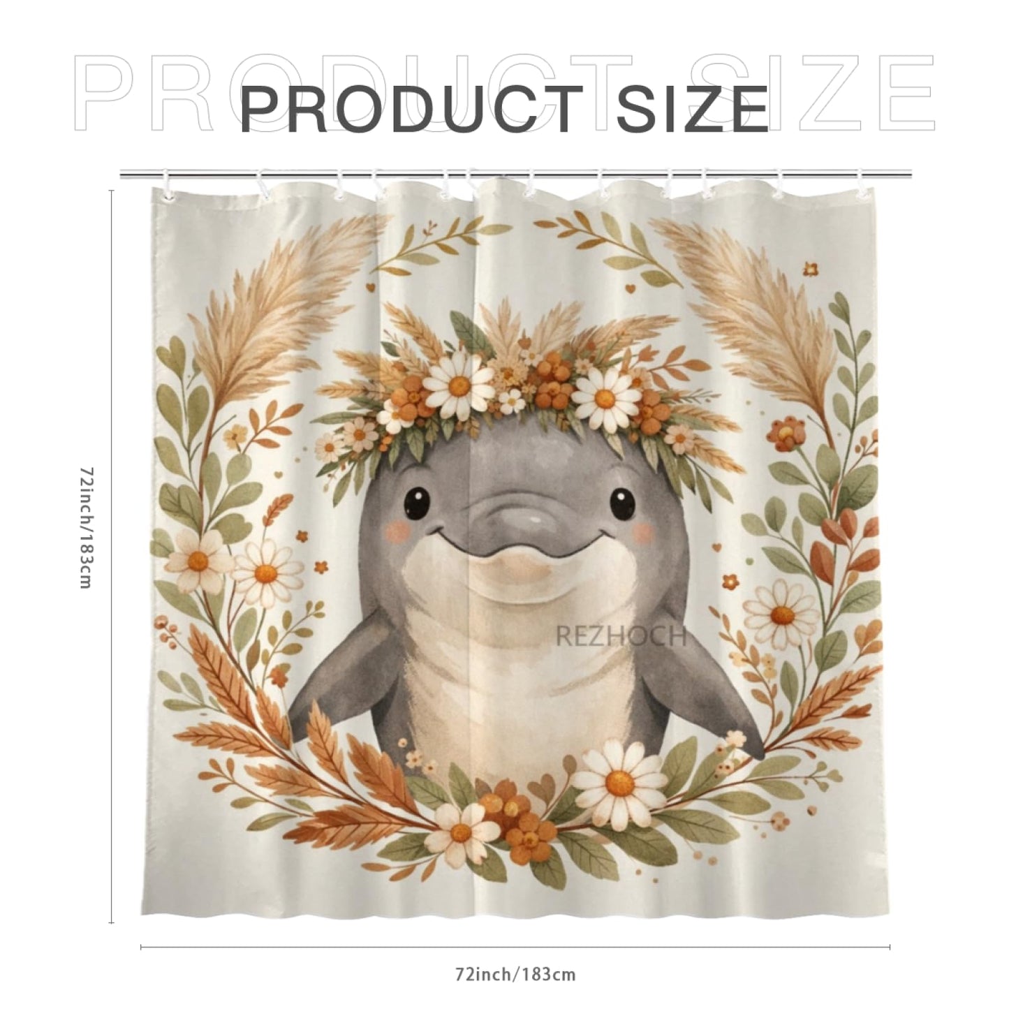 REZHOCH Boho Funny Dolphin Shower Curtain 72x72Inch,Floral Cute Animal Home Bathroom Decor,Bohemian Wildlife Flower Crown,Rustic Farm Nature Neutral Beige Bath Set with Hooks