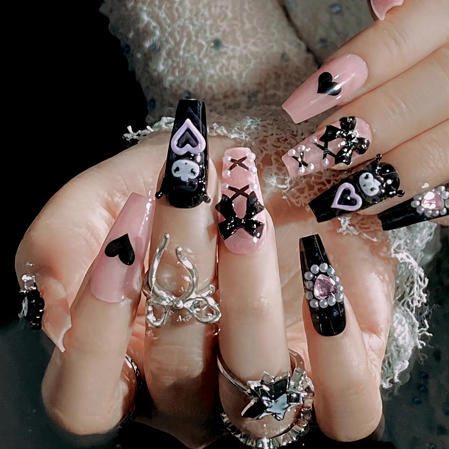 BABALAL Press on Nails Medium Coffin Fake Nails Black Gothic Glue ons Cute Heart Anime Charm Design Acrylic Nails 24Pcs Luxury Bling Ballerina Manicure DIY Goth False Nail for Women Girls