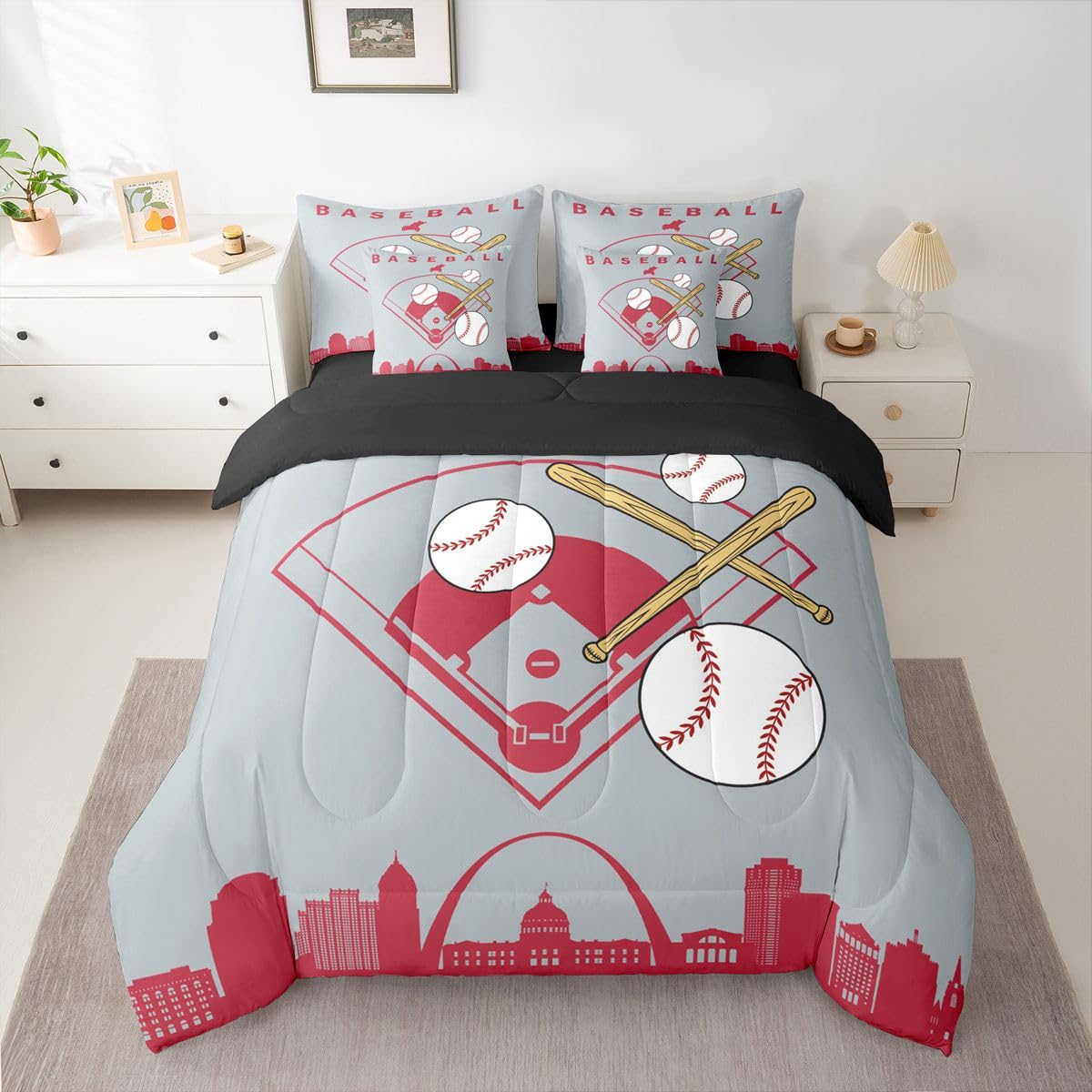 Erosebridal Teens Baseball Full 7 Piece Bedding Set Sporta Games Bed in A Bag City Building Silhouette Comforter Set for Kids Boys Youth Men Bedroom Decor Baseball Bat Sheet Sets