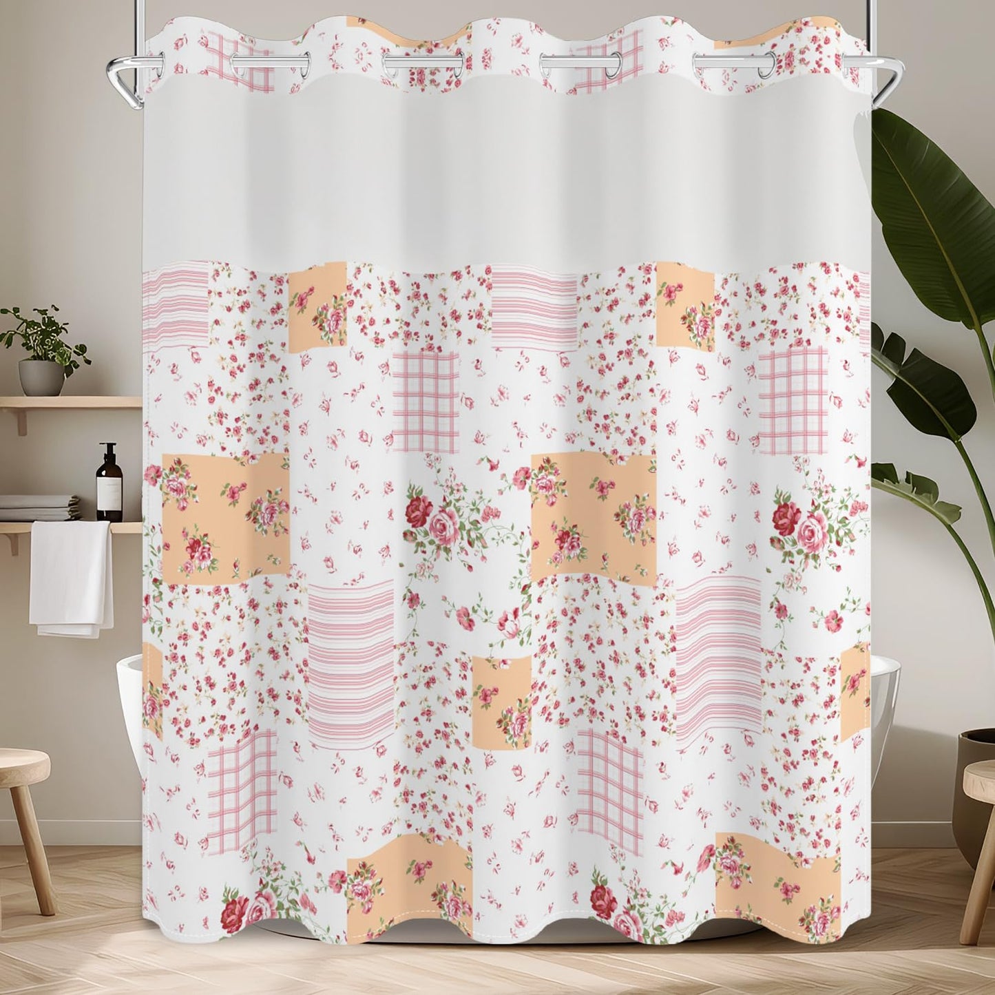 No Hook Shower Curtain with Snap in Fabric Liner Set, Waterproof & Washable, Patchwork Pink Rose Floral Shower Curtains for Bathroom, Farmhouse Rustic Flower Bathroom Curtain, House Gift, 71x74 inch