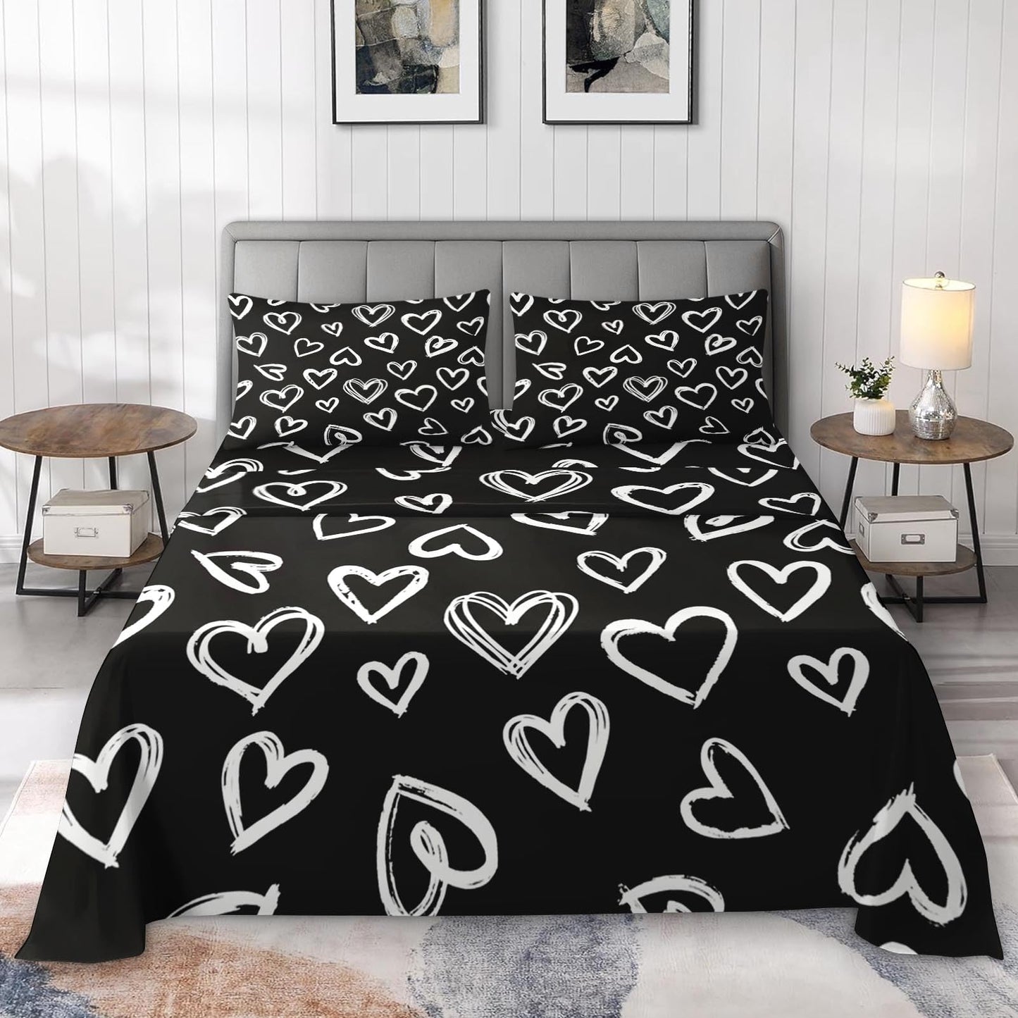 Pamnest Twin Size Bed Sheet Sets, Love Cute Soft Microfiber 3 Pcs Bedding Sets for Kids and Adults Bedroom Bed Decor, Heart White Flat, Fitted Sheet and Pillowcases