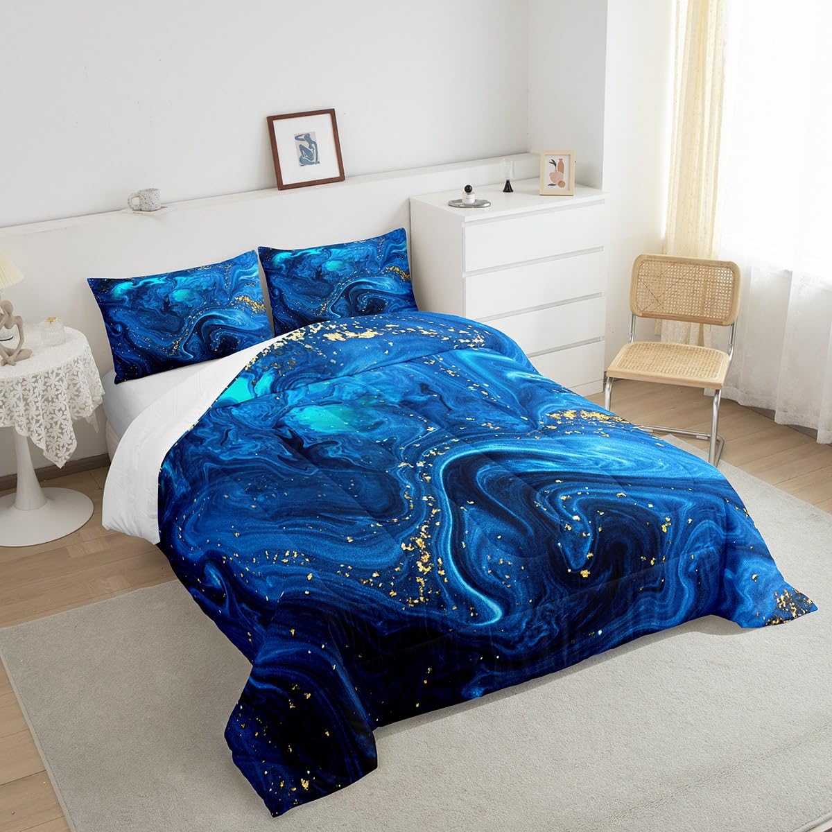 Erosebridal Ombre Blue Marble Queen Comforter Set, Black and Blue Marble Bedding Set for Men Teens Boys, Modern Golden Glitter Down Comforter, Watercolor Tie Dye Art Duvet Insert, Ocean Blue 3Pcs