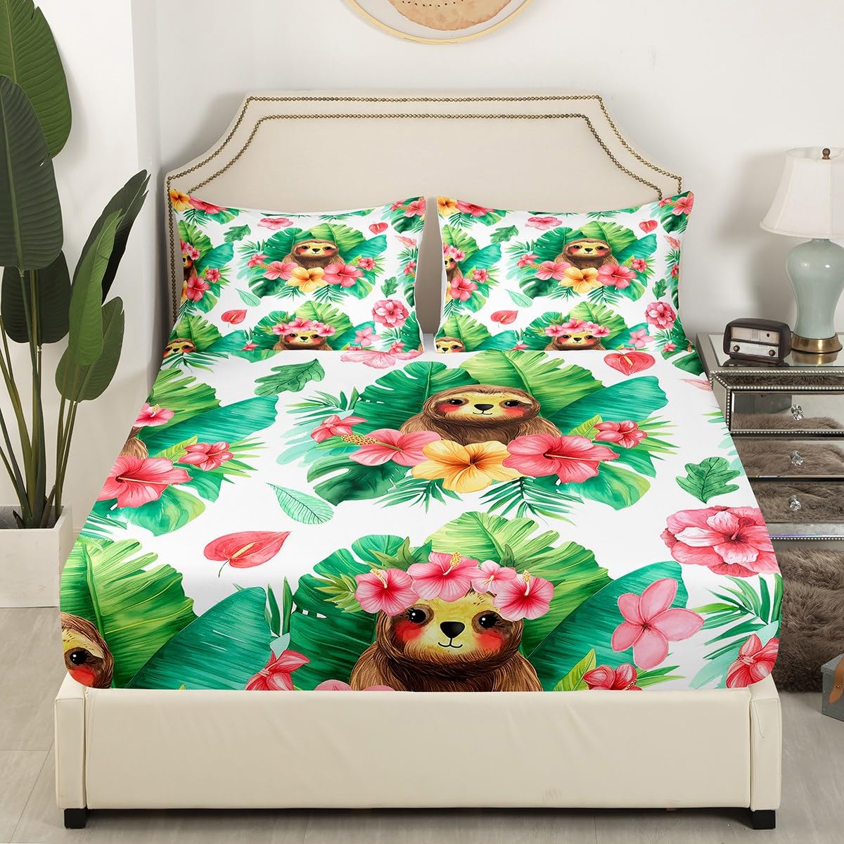 Erosebridal Cartoon Sloth Fitted Sheet Kawaii Sloth Bed Sheets Palm Leaf Cherry Blossom Monstera Sheet Set Hawaiian Tropical Leaf Animal Top Sheet for Kids Boys Girls, 4Pcs Full Size