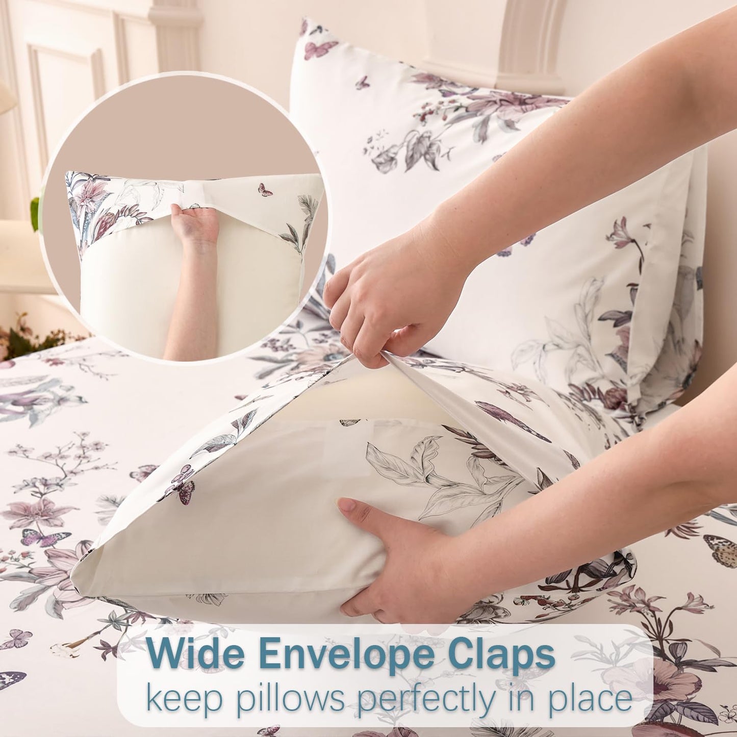 Huborise Queen Size Sheet Set Dusty Rose Floral Bed Sheets 100% Cotton 4Pcs, Light Pink Flower & Butterfly Printed Bed Set with Deep Pocket 17.5", Soft Breathable & Crisp, Luxury French Country Style