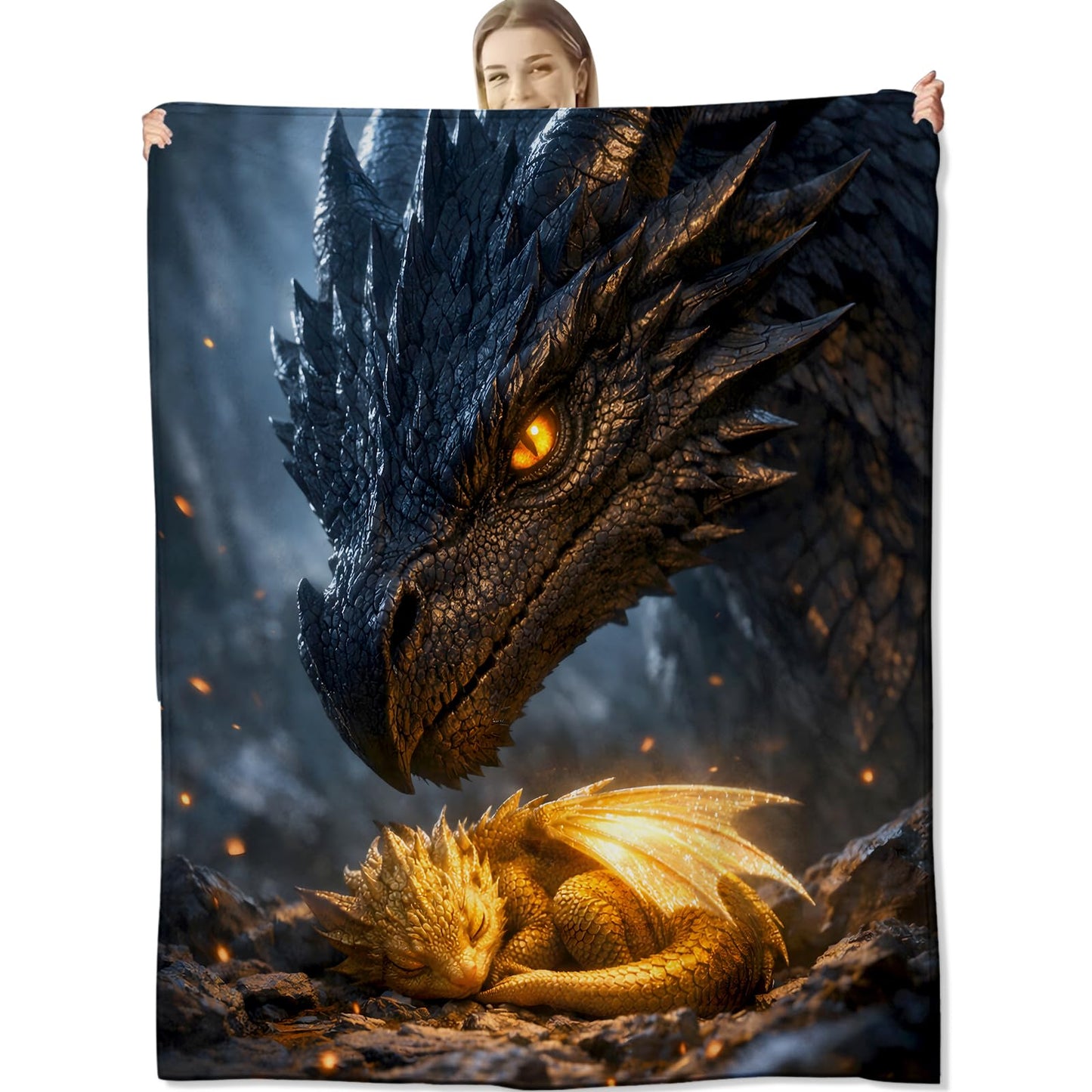 cromcu Majestic Dragon Flannel Blanket, 60" x 50", Soft Warm Cozy Decorative Throw with Black Creature and Dark Cave, Fantasy Gifts for Boys Teens Dragon Lovers, Sofa Couch Bed Living Room Bedroom