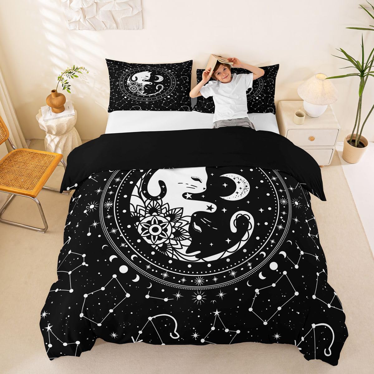 Tai Chi Cats Duvet Cover King,Gothic Starry Galaxy Moon Constellation Bedding Set 3pcs Kids Teens Boy Girls Room Decor,Animals Flower Plants Comforter Cover Black Exotic Quilt Cover with 2 Pillowcases