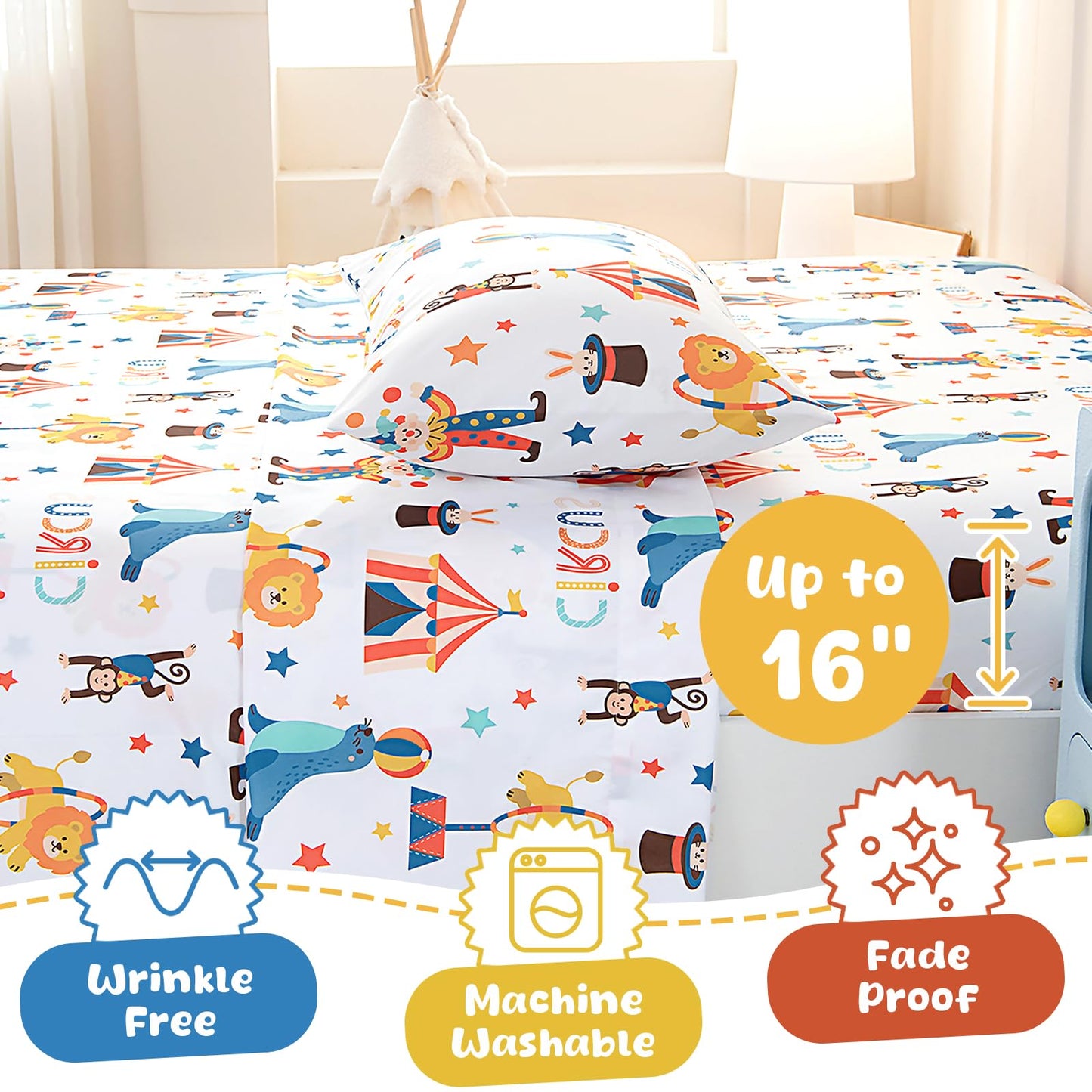 Swiftify Twin Sheets Set Kids for Boys & Girls Circus Clown, 3-Piece Bed Sheet Set for Toddler, Soft Brushed Microfiber Bedding, Deep Pocket, Wrinkle & Fade Resistant, Carnival Circus Clown