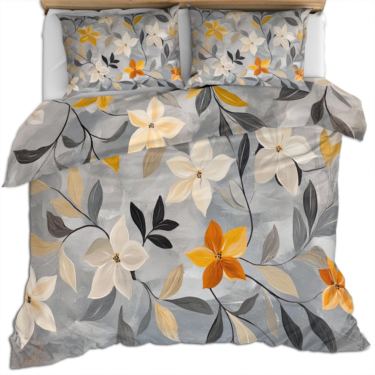 PAISUOQ Floral Bedding Sets, Nordic Floral Duvet Cover Queen, Rustic Gray Comforter Cover with Zipper Ties, 3 Pieces with 2 Pillowcases, Home Decor & Gifts