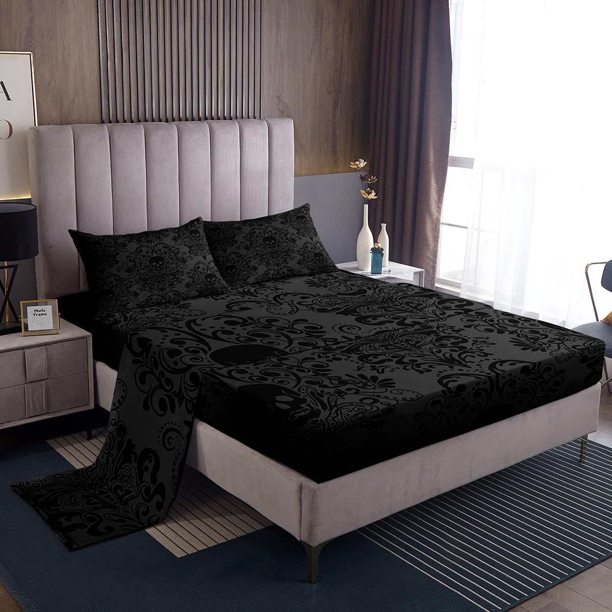 Feelyou Gothic Skull Bed Sheets Set Full Size Damask Print Bed Set for Kids Boys Girls Goth Bohemian Deep Pocket Fitted Sheet Dark Olive Green Breathable Soft Lightweight Microfiber