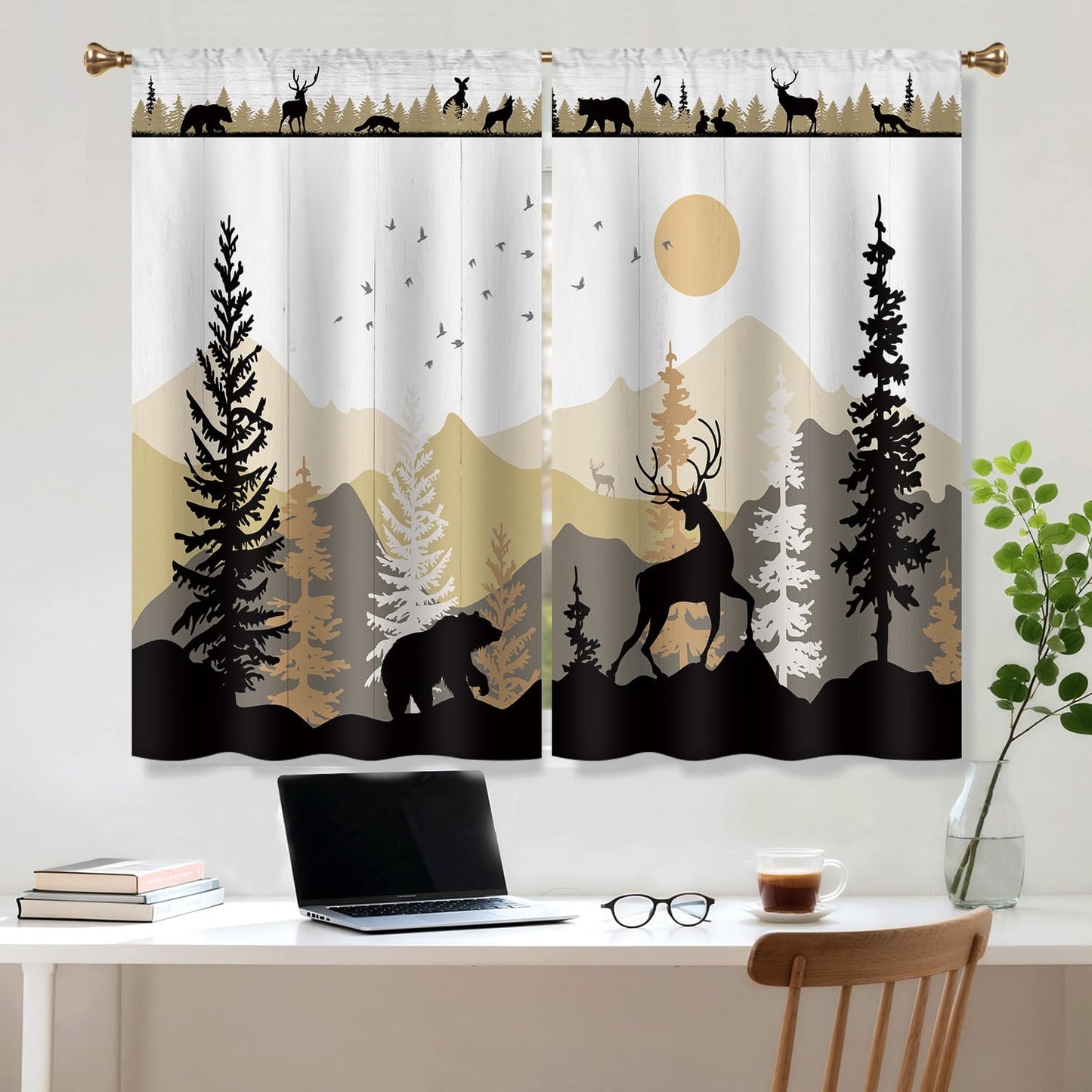 Cizuug Farmhouse Forest Cabin Kitchen Curtains Rustic Wooden Small Short Cafe Window Curtains Tree Country Deer Bear Rod Pocket Bathroom Window Drapes Treatment Tier Curtains 2 Panels (27.5x39 Inch)
