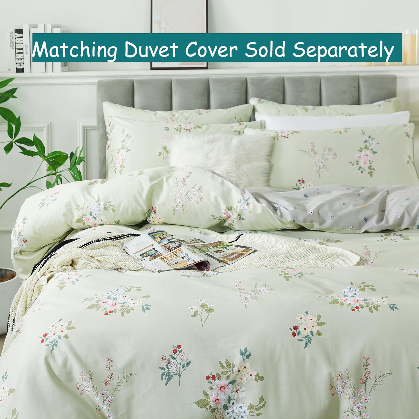 FADFAY Queen Sheet Set Floral Bed Sheets Percale Cotton Botanical Deep Pocket Sheets Sage Green Flower Printed Luxury Bedding Super Soft Breathable for Queen Size Bed 4 Pcs