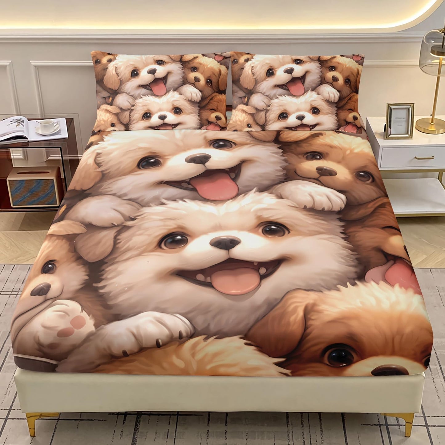 AILONEN Cartoon Cute Puppy Fitted Sheet Set,Dog Animal Design Bedding Set for Kids,Girls,Boys Twin Size,3-Piece,1 Sheet Set + 2 Pillowcases