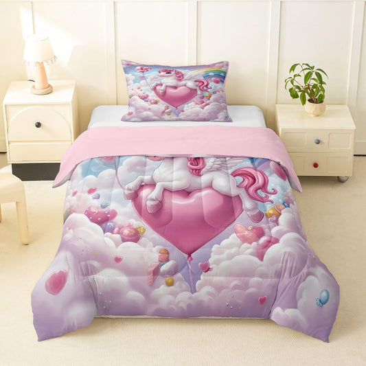 Rainbow Unicorn Kids Comforter Toddler Size,Heart Clouds Unicorn Pattern Quilt Set for Kids Boys Girls Bedroom Decor,Kawaii Rainbow Cartoon Style Bedding Set,Light Pink Duvet Insert,1 Pillowcase