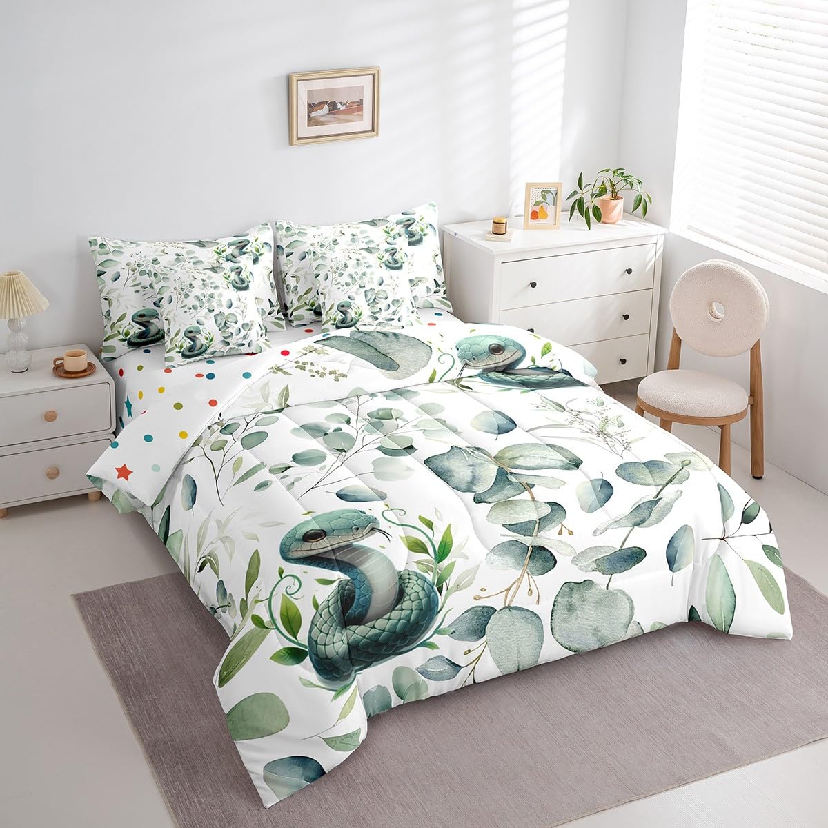 Erosebridal 7-Piece Cute Snake Bedding King for Kids Child Green Eucalyptus Comforter Set, Wild Animal Bedding Comforter Sets Botanical Plant Leaves Bed in a Bag, Cartoon Wildlife Bedding Accessories