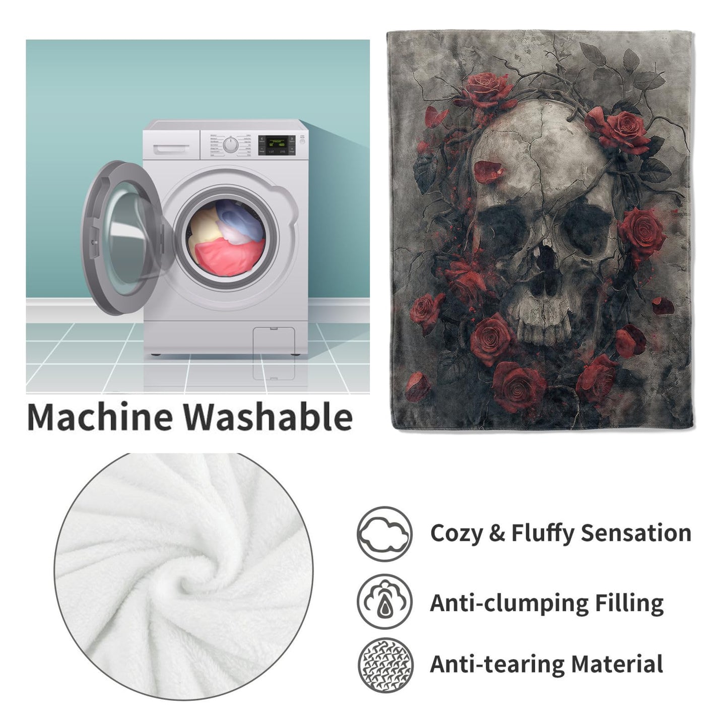 VANZEV Skull Rose Blanket, Horror Skulls Flannel Throw Blankets,Soft Warm Lightweight Cozy Plush Skull Throws for Bedroom Sofa Office Home Decor for Adults Men 60"x50"