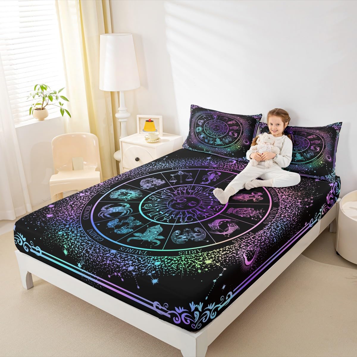 Sun Moon Bed Sheets Zodiac Astrology Bedding Set King Constellations Galaxy Sheet Set Spiritual Gifts for Girls Teens Women,Trippy Leo Aquarius Fitted Sheet Purple Blue Flat Sheet + 2 Pillow Cases