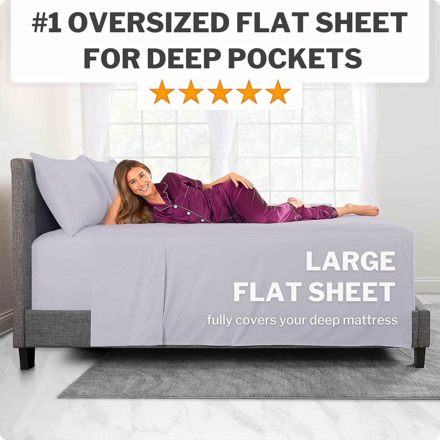 Extra Deep Pocket King Size Sheets – 21” King Sheet Sets Deep Pocket – [4 Piece Set] King Bed Sheets Oversize Flat Sheet, Fitted Sheet, 2 Zippered Pillowcases – 18”–23” King Sheets – Grey Lavender