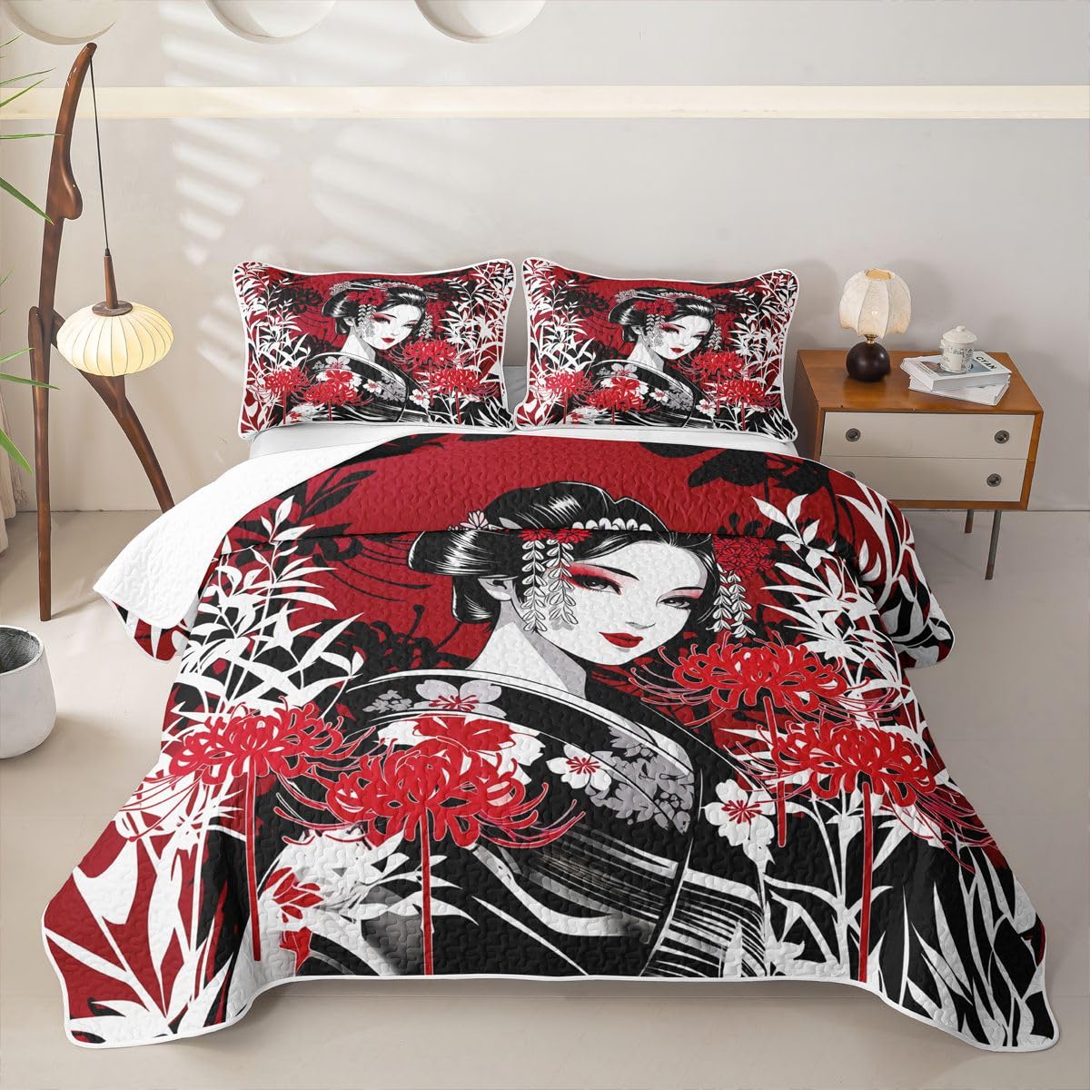 Erosebridal Geisha Beauty Quilts Twin Size - Japanese Style Bedspread Coverlet Set, Traditional Geisha Bamboo Flowers Quilt Coverlets 2Pcs (Only 1 Pillowcase)