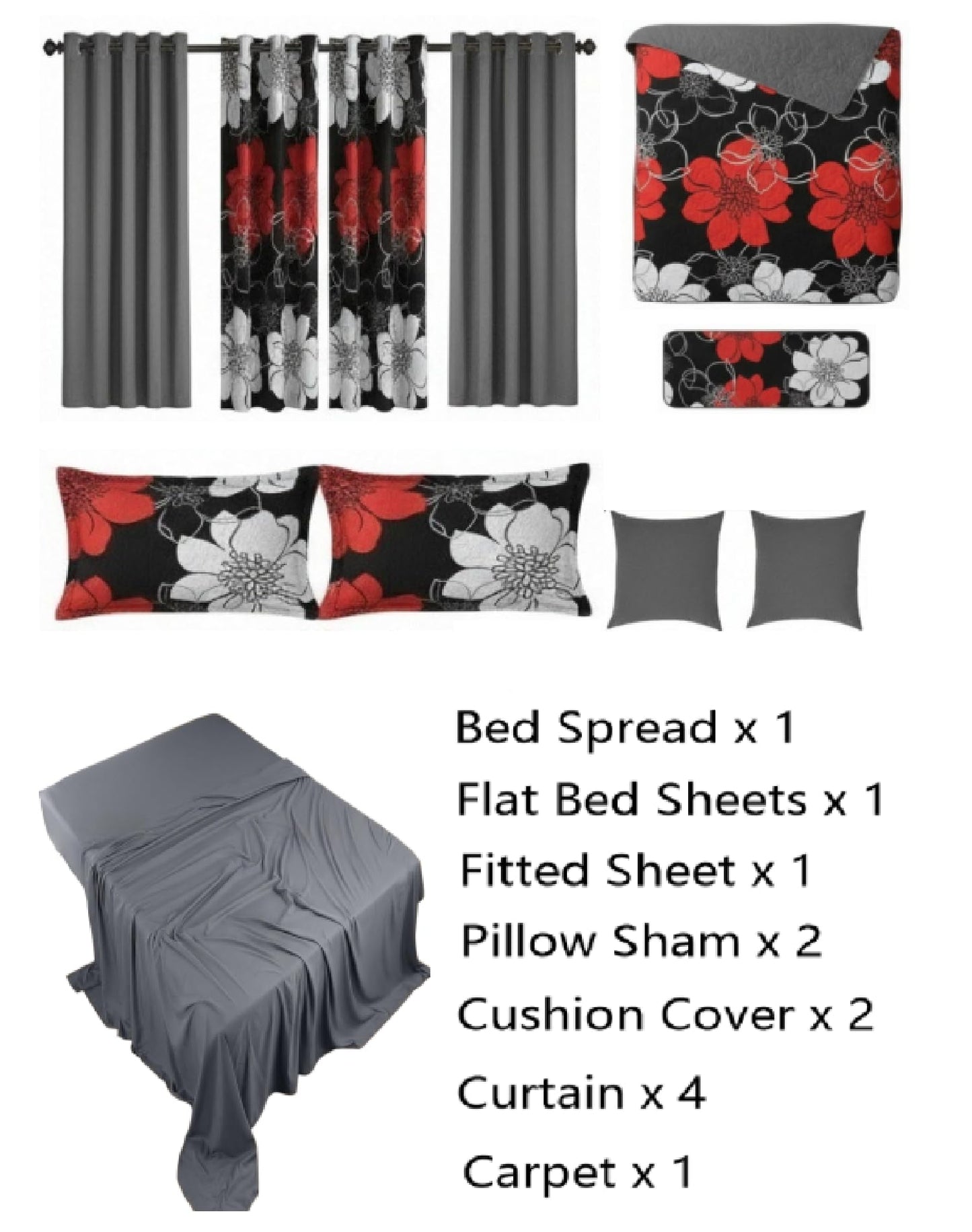 JKCCZLL Queen Size Quilt 12 Piece Set Floral Bedding with Matching Curtains Fitted Sheet Black Queen
