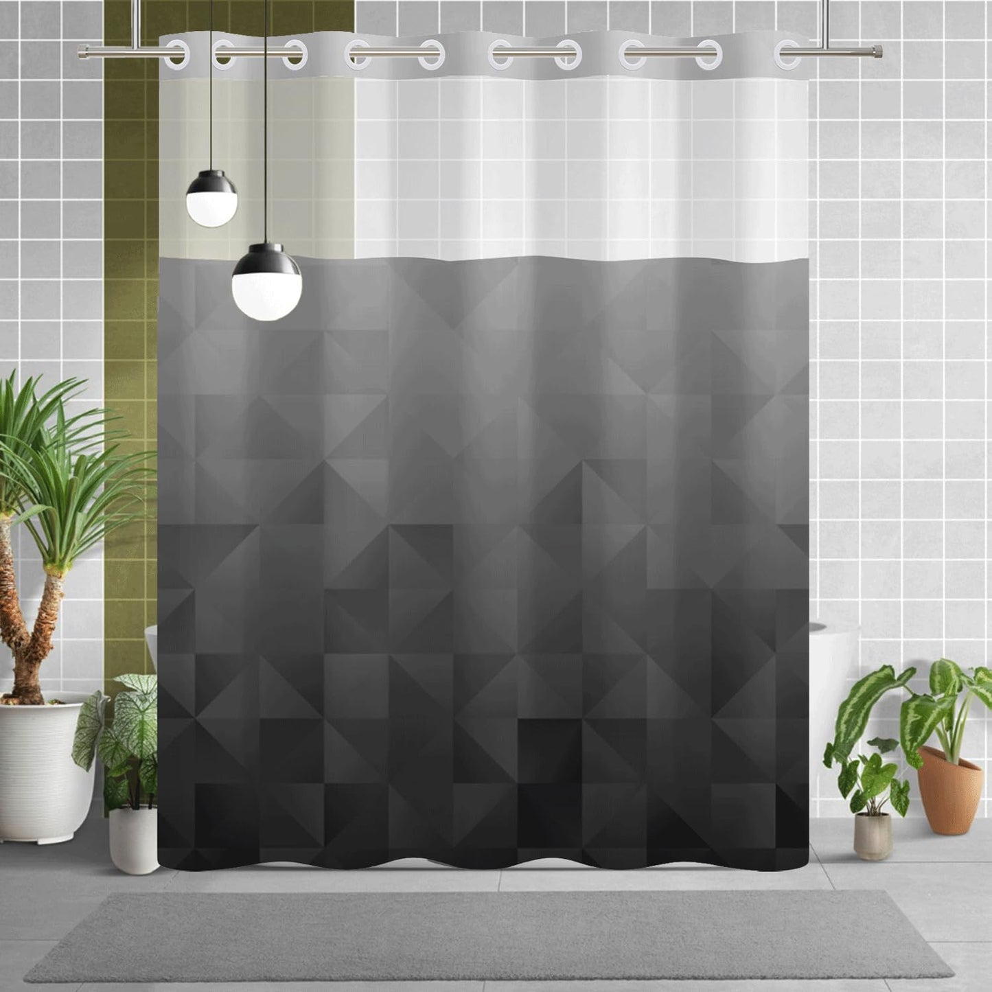 NAEMBCU No Hook Shower Curtain with Snap in Liner Set, Black Gray Ombre Geometric Print - Mesh Top Waterproof Double Layer Bath Tub Curtain for Modern Loft & Minimalist Bathroom Decor, 71W x 74H