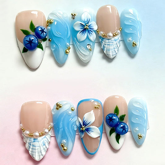 30Pcs Spring Press on Nails Medium Almond French Tip Fake Nails with 3D Rhinestone Pearl Design Blue Gradient False Nails Glossy Full Cover Blueberry Flower Stick on Nail Summer Nails Set for Women