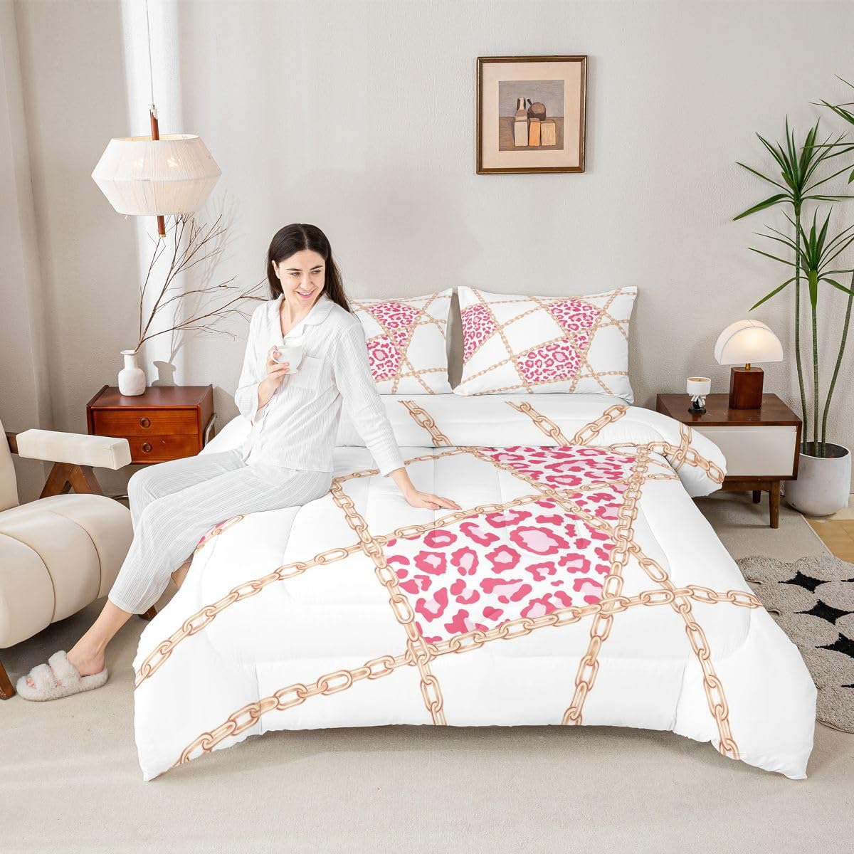 jejeloiu Leopard Comforter Set Queen Size Iron Chain Print Bedding Set for Kids Boys Girls Cheetah Cow Fur Duvet Quilt Animal Print Bedroom Decor Microfiber 3 Pcs with 2 Pillow Cases