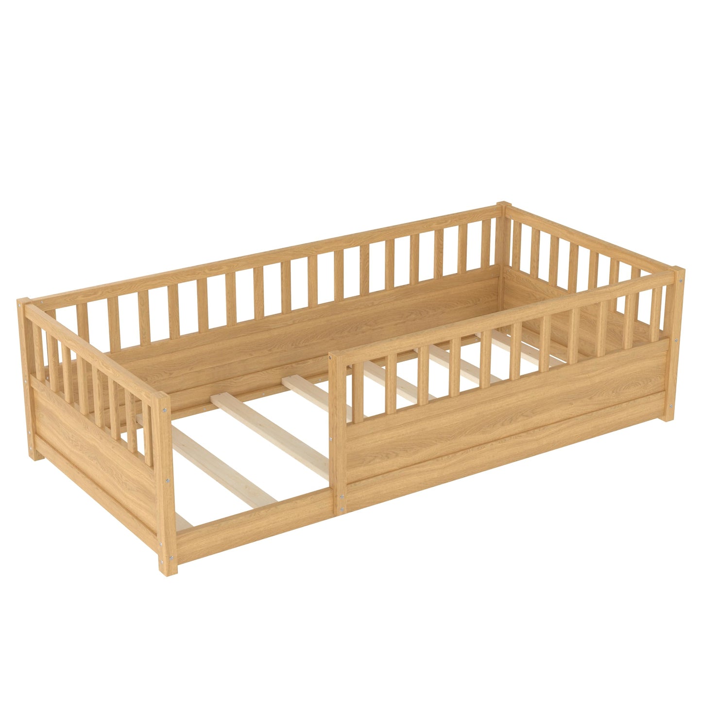 Leholume Twin Size Floor Bed with High Safety Guardrail - Solid Wood Low Profile Frame with Slats, Children's Floor Bed Frame, Easy Assembly for Kids, Natural
