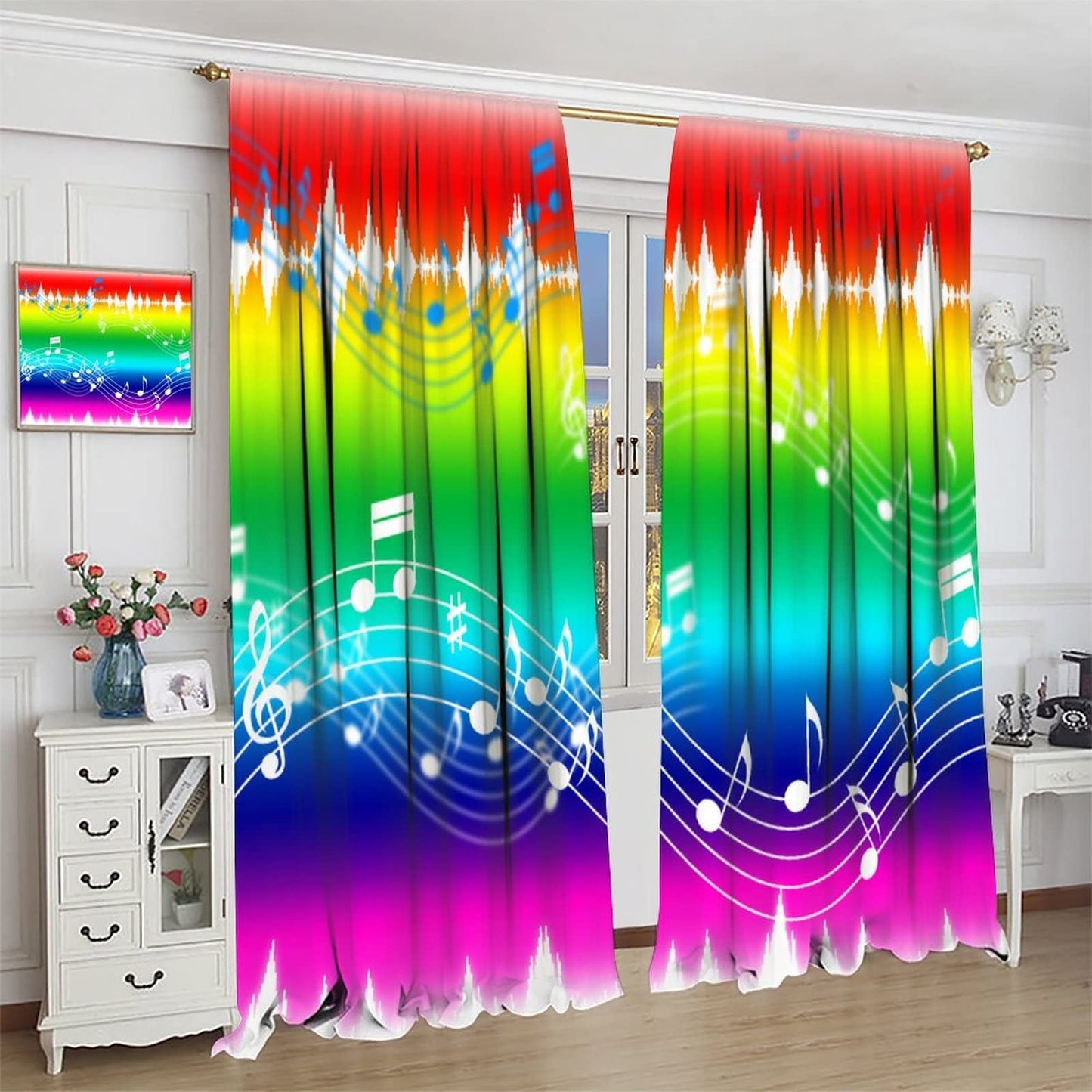 Music Curtains,Sound Art Music Note Colorful Pattern Polyester Fabric Window Drapes for Bedroom Living Room Music Room Window Drapes 2 Panel Set,Total Size 42" x 45"