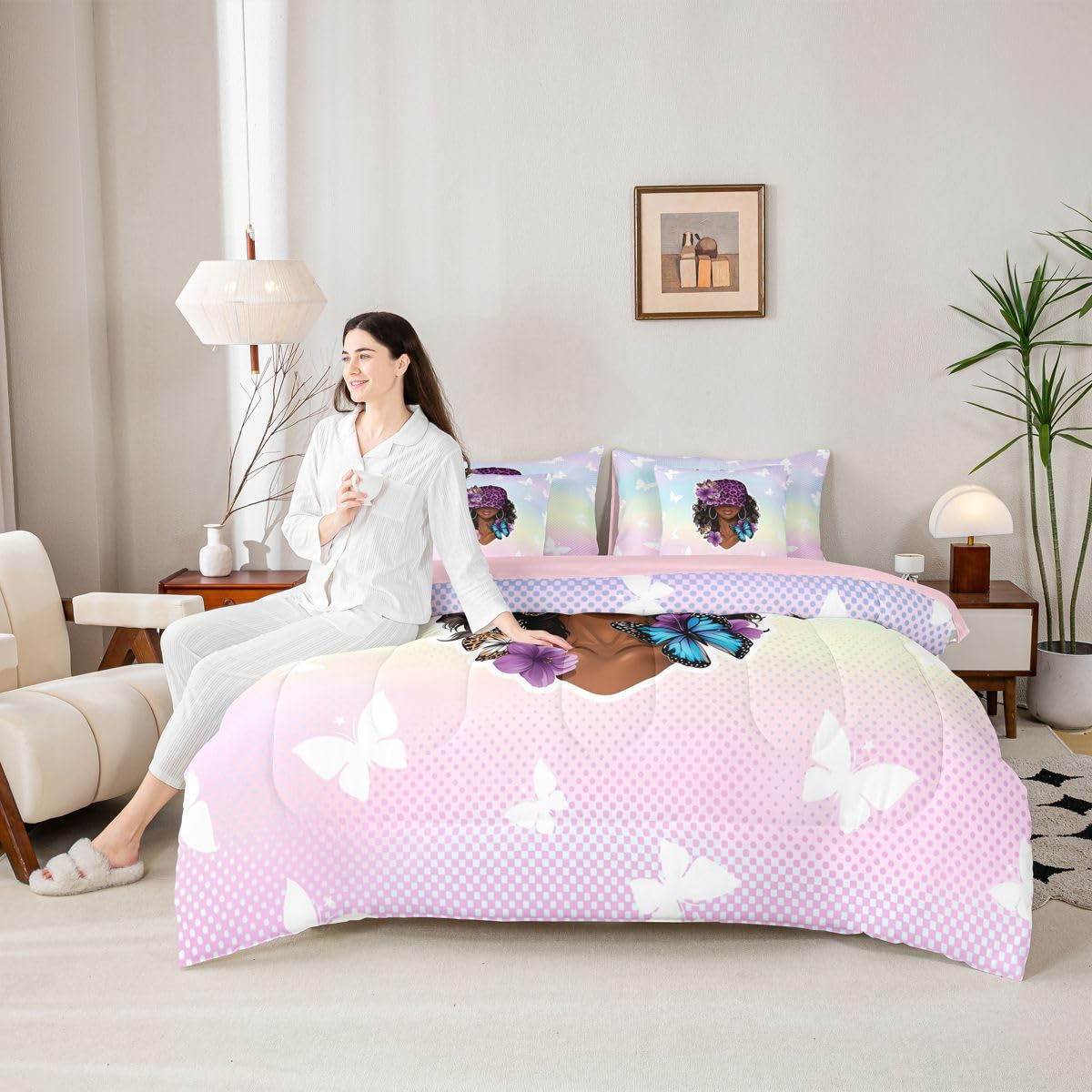 Erosebridal Y2K Black Girl Magic Twin Size Bedding Set Aesthetic Floral Butterfly 7 Pieces Comforter Set with Sheets for Women Purple Leopard Print Hat Bed in a Bag Pastel Gradient Polka Dot Bed Sets