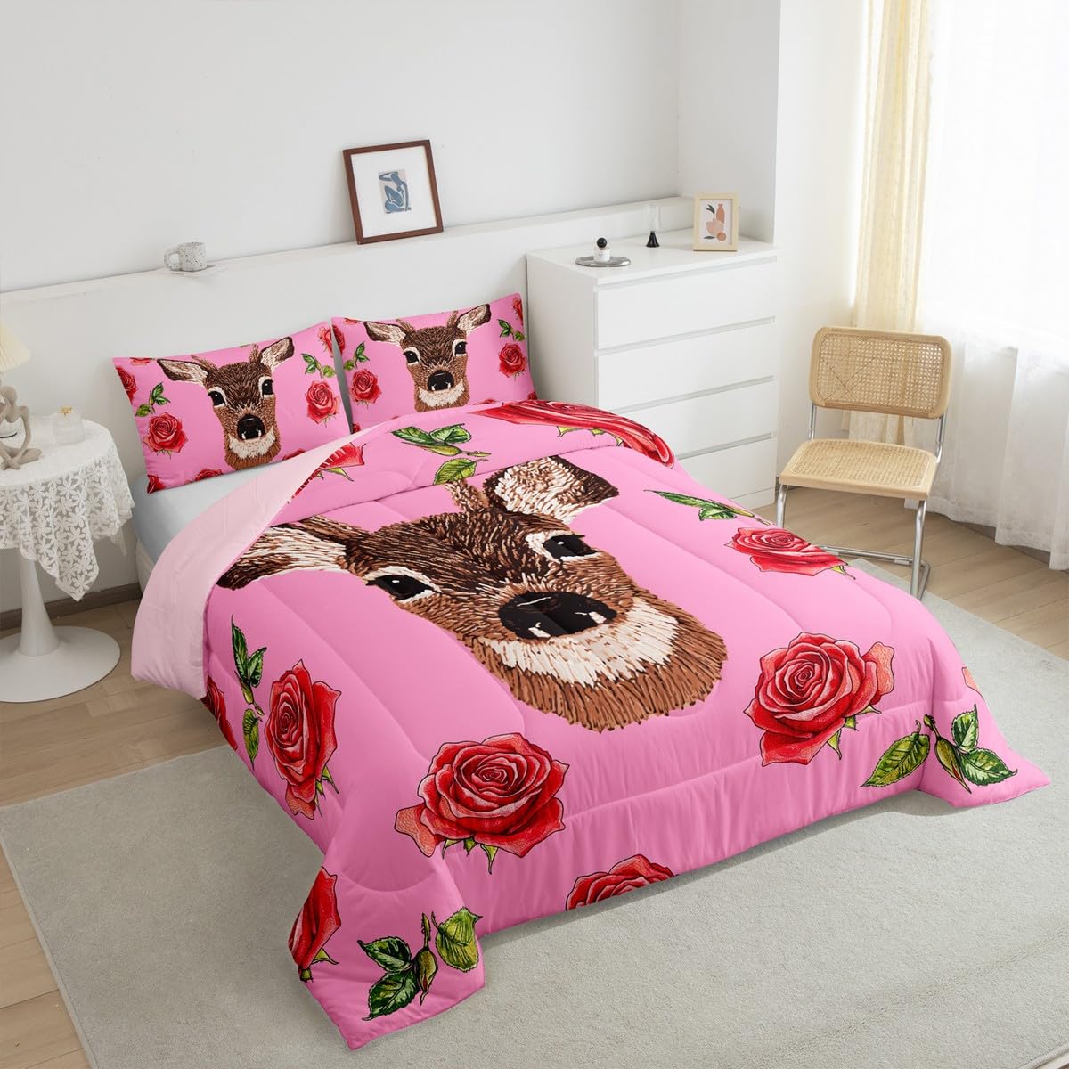 Erosebridal Cute Deer Comforter Set Twin Size Cartoon Flowers Bedding Set for Kids Girls BoysRomantic Pink Roses Comforter Garden Love Quilt Bedroom Decor