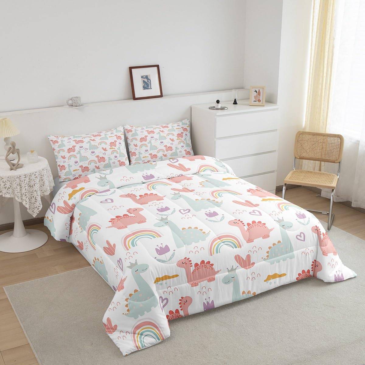 Feelyou Cartoon Dino Comforter Set Full, Pink Green Dinosaur Comforter Cute Jungle Dino Comforter Set for Kids Boys Girls Cute Rainbow Duvet Set Microfiber Quilt Set