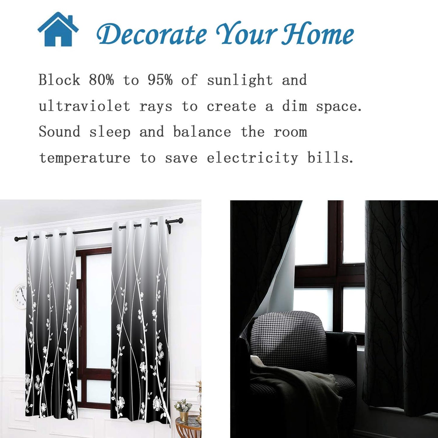 LshyMn Gradient Blackout Curtain 52x84 Inches Modern Farmhouse Floral Rose Pattern Printed Curtains for Living Room Bedroom Office Window Decoration（Black） CLLSMN315