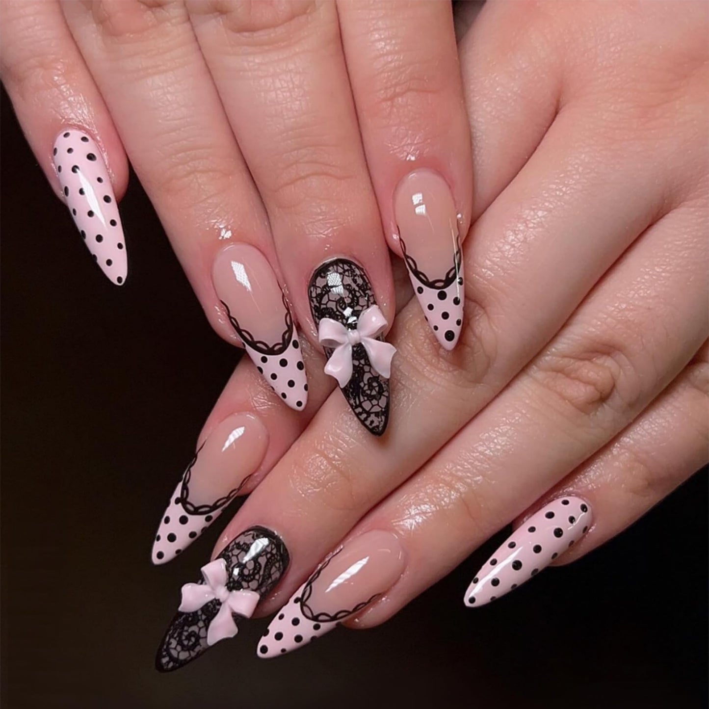 octoswave Long Stiletto Press on Nails Pink Black Polka Dot Lace Design 3D Bow Charms French Tip False Nails for Party Prom Women Girls 24Pcs
