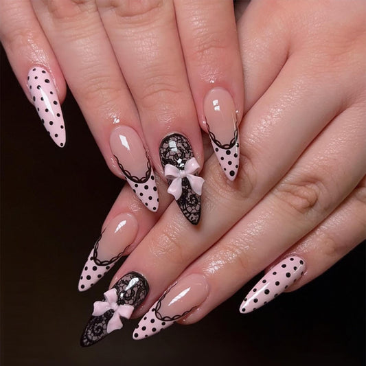 octoswave Long Stiletto Press on Nails Pink Black Polka Dot Lace Design 3D Bow Charms French Tip False Nails for Party Prom Women Girls 24Pcs