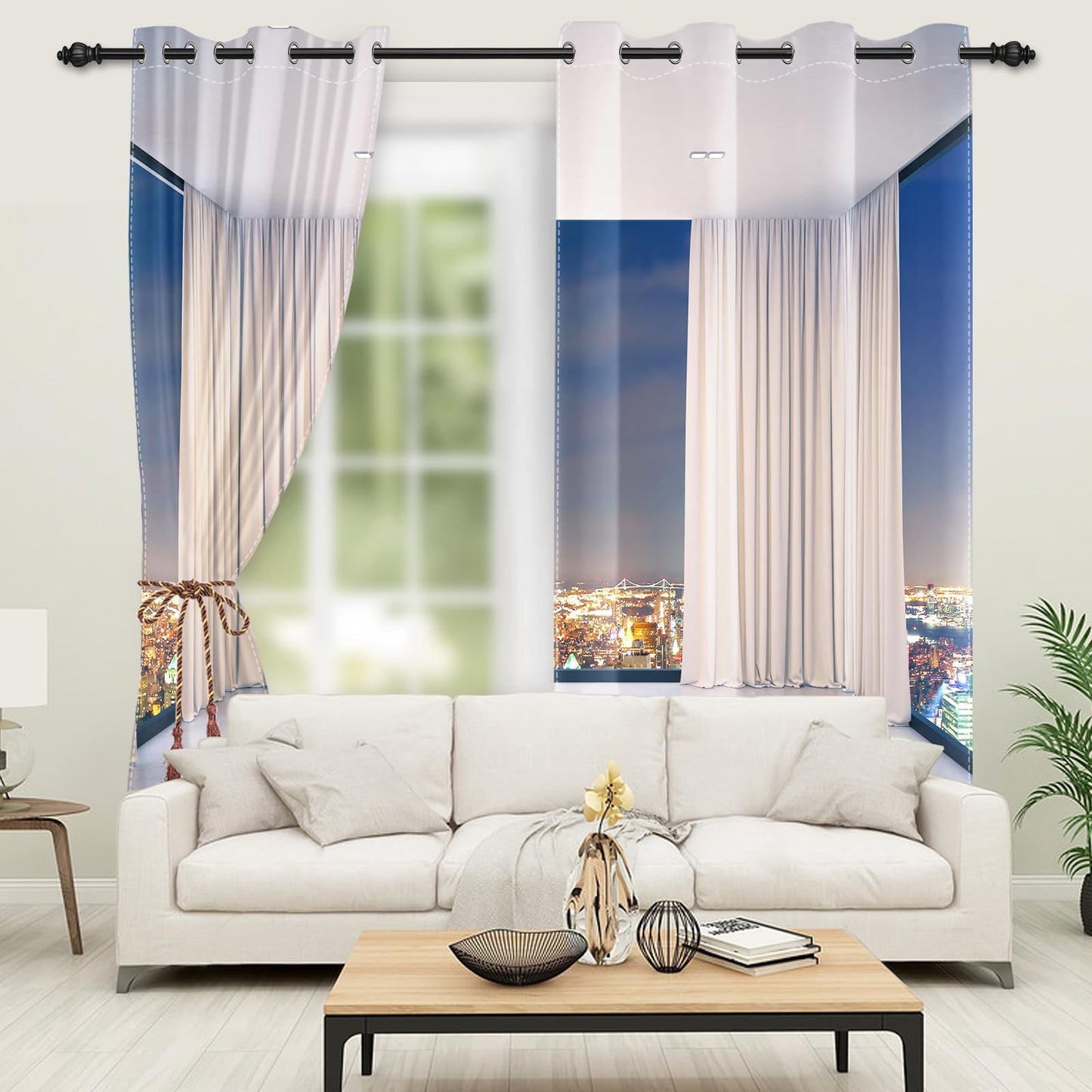 Leyiyi Window City Night View Window Curtains Empty Room 3D French Window Scenery Cityscape Modern Interior Room White Blackout Windows for Living Room Bedroom Kitchen 42x63 Inch,2 Panels