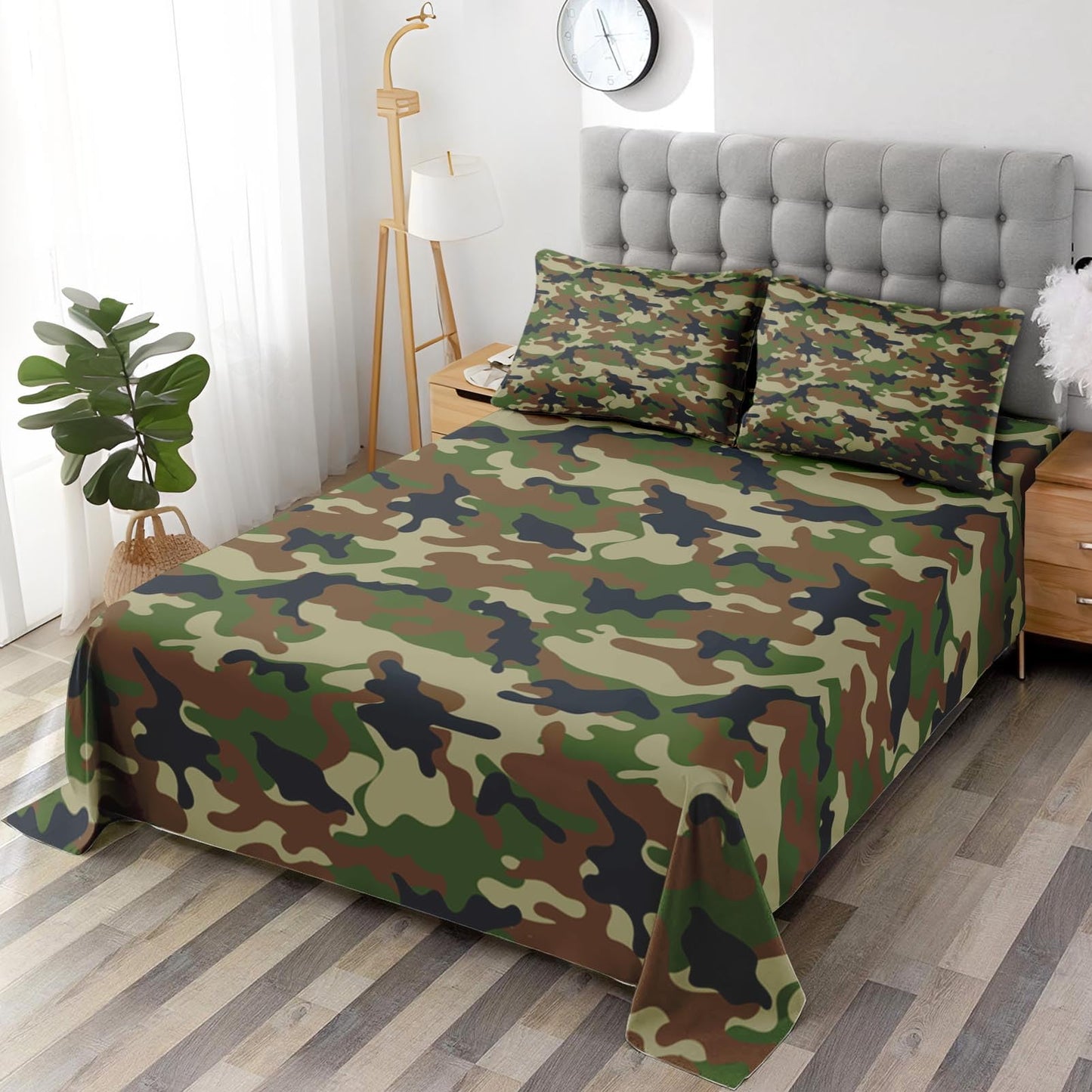 Pamnest Full Size Bed Sheet Sets, Camouflage Army Military Soft Microfiber 4 Pcs Bedding Sets for Kids and Adults Bedroom Bed Decor, Woodland Green Brown Camo Flat, Fitted Sheet and 2 Pillowcases