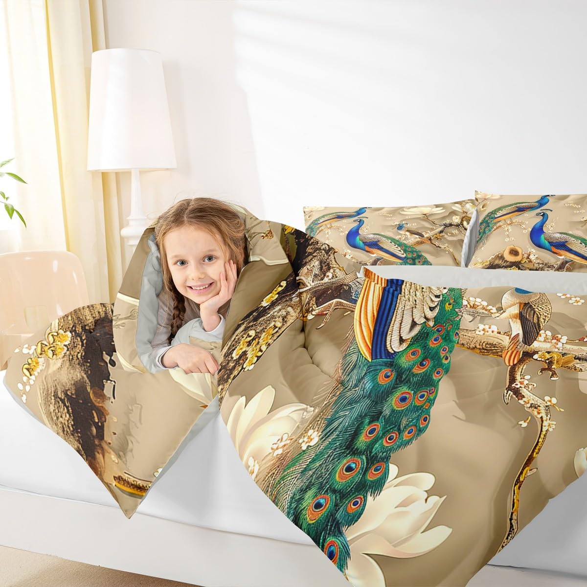 Feelyou Peacock Comforter Peacock with Floral Bedding Set for Kids Adults Girls Animals Comforter Set Botanical Quilt 1 Comforter Set with 1 Pillowcase Twin Size