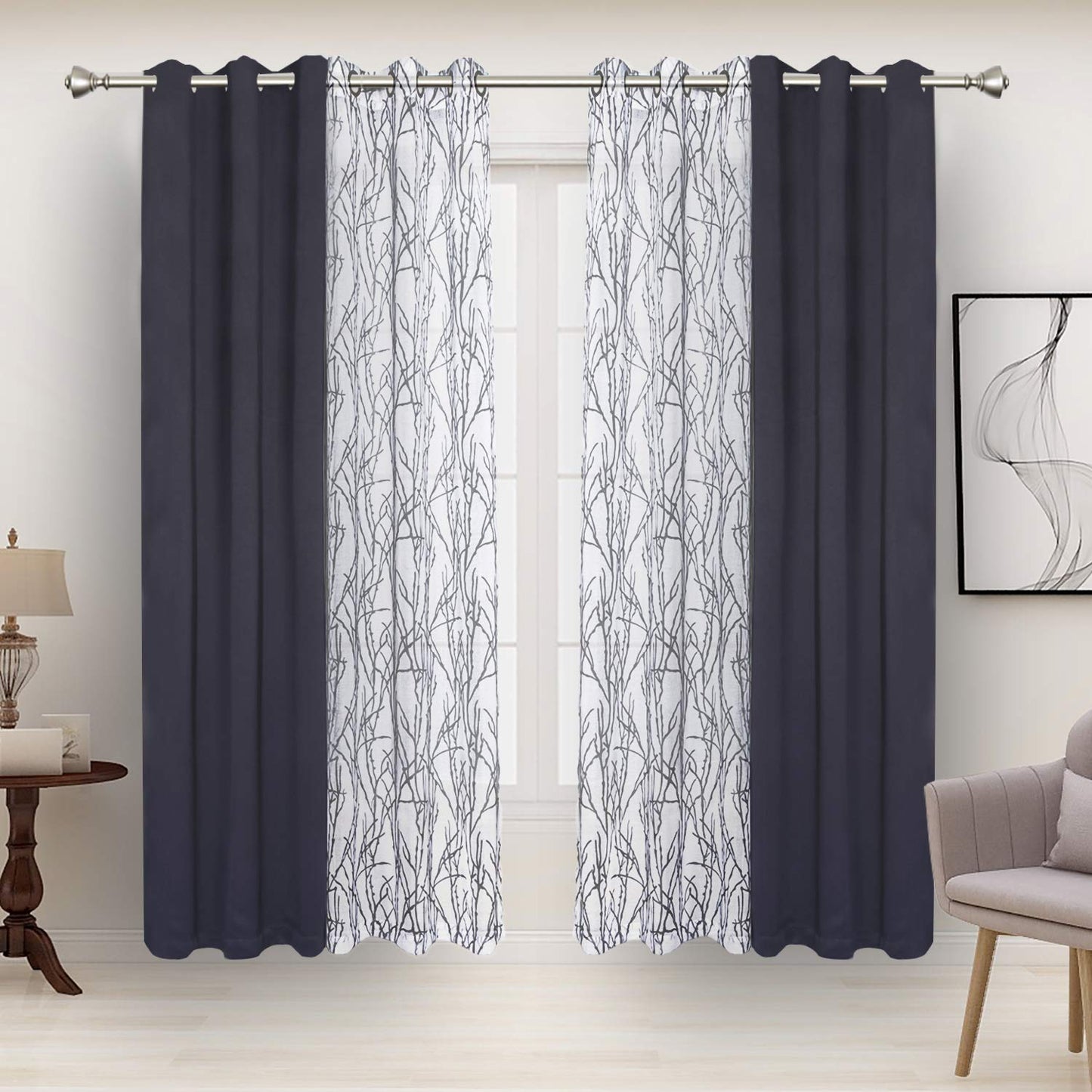 BONZER Mix and Match Curtains - 2 Pieces Branch Print Sheer Curtains and 2 Pieces Blackout Curtains for Bedroom Living Room Grommet Window Drapes, 37x95 Inch/Panel, Grey Dark, Set of 4 Panels