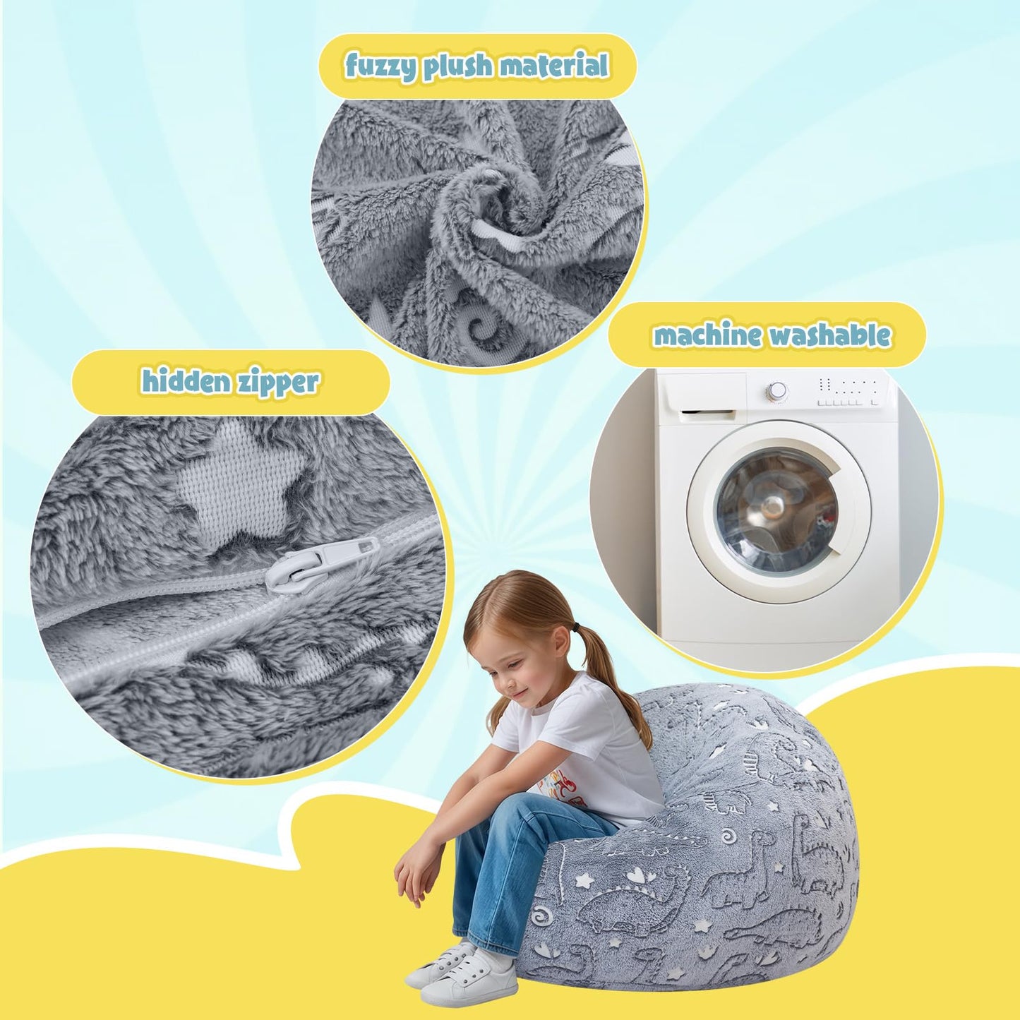 COMAX Kids Bean Bag Chair Turn into Beanbag Bed, Dinosaur Toddler Bean Chair for Girl Boy Sleeping, Lazy Children Bean Bags with Filler, Convertible Child Floor Mattress, Grey Dino