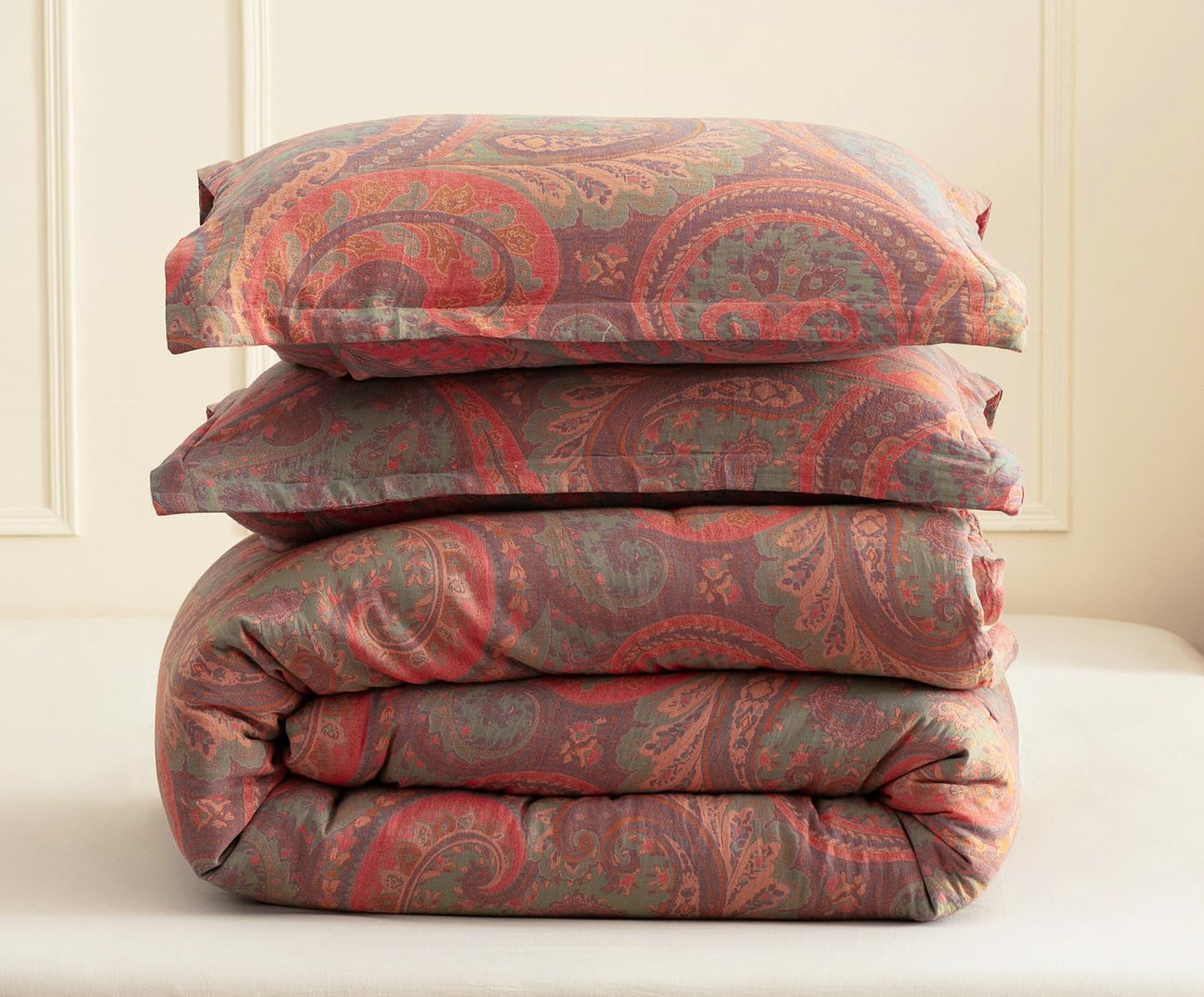 SLEEPBELLA Washed Double Layer Muslin 100% Cotton Comforter Set Queen Size, Paisley Fluffy Thick Checked Bedding Set, Soft Breathable(1 Comforter, 2 Pillow Shams)