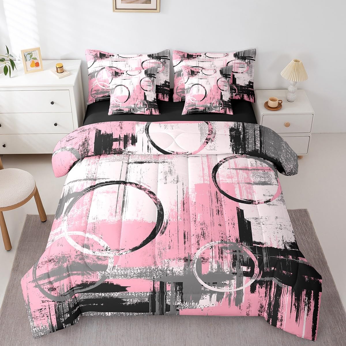 Feelyou Geometric 7 Piece Bedding Set Full Size for Kids Boys Girls Teens Toddler Modern Abstract Art Comforter Set with Sheets Black Pink Bed in a Bag Tie Dye Bed Set