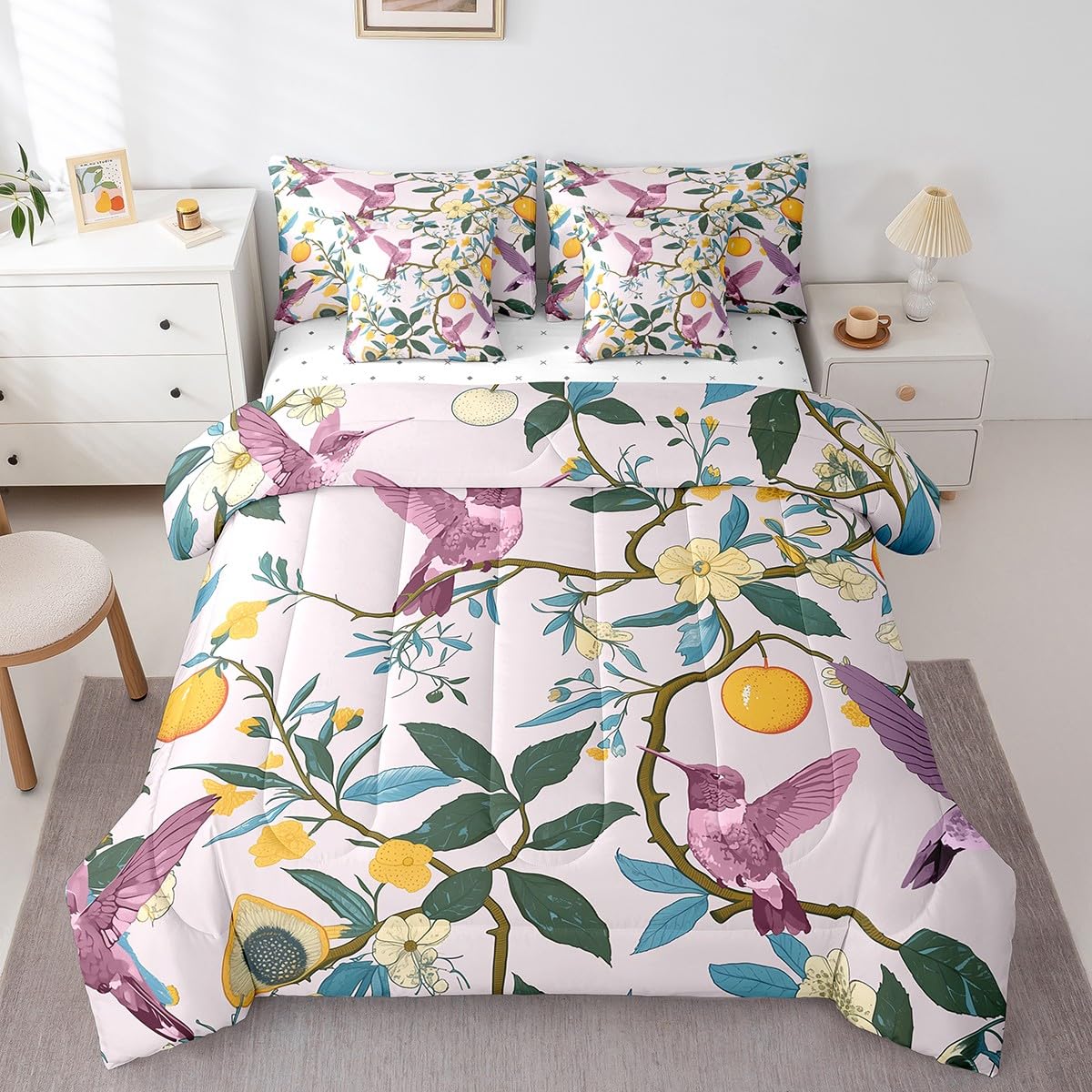 Pink Hummingbirds Bedding Set For Kids Teens,Lemon Tree Branches Comforter Set King Size,Oil Painting Fruit (Comforter+Fitted+Flat Sheet+2 Pillowcases+2 Throw Pillow Covers) 7 Pieces Bed Set