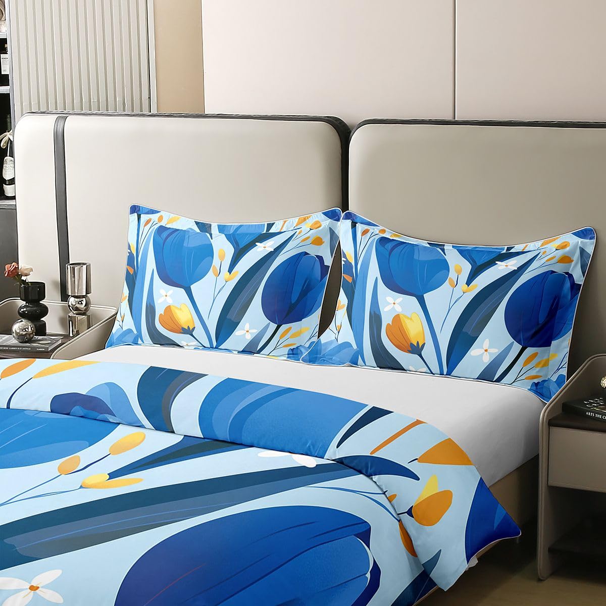 Erosebridal Spring Flowers 100% Cotton Duvet Cover Full Blue Florals Bedding Set for Kids Girls Boys Adults Blue Botanical Garden Comforter Cover Flowers Branches Pastoral Bedclothes 3 Pcs