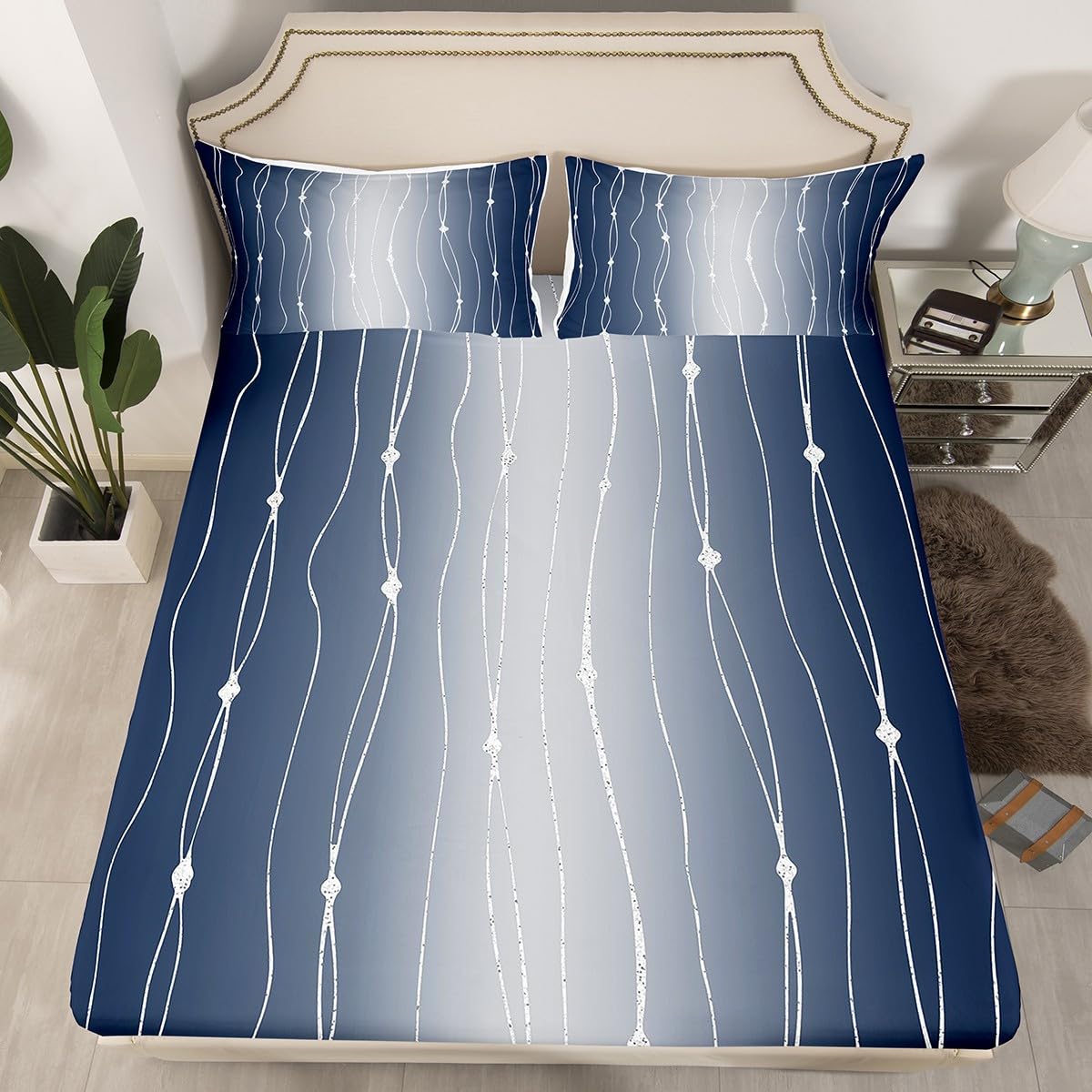 Erosebridal Navy Blue and Gray Gradient Bed Set Watercolor Ombre Bed Sheets Set, Abstract Aesthetic Sheet Set Queen Wave Line and Dots Sheets, Geometric Top Sheet Room Decor