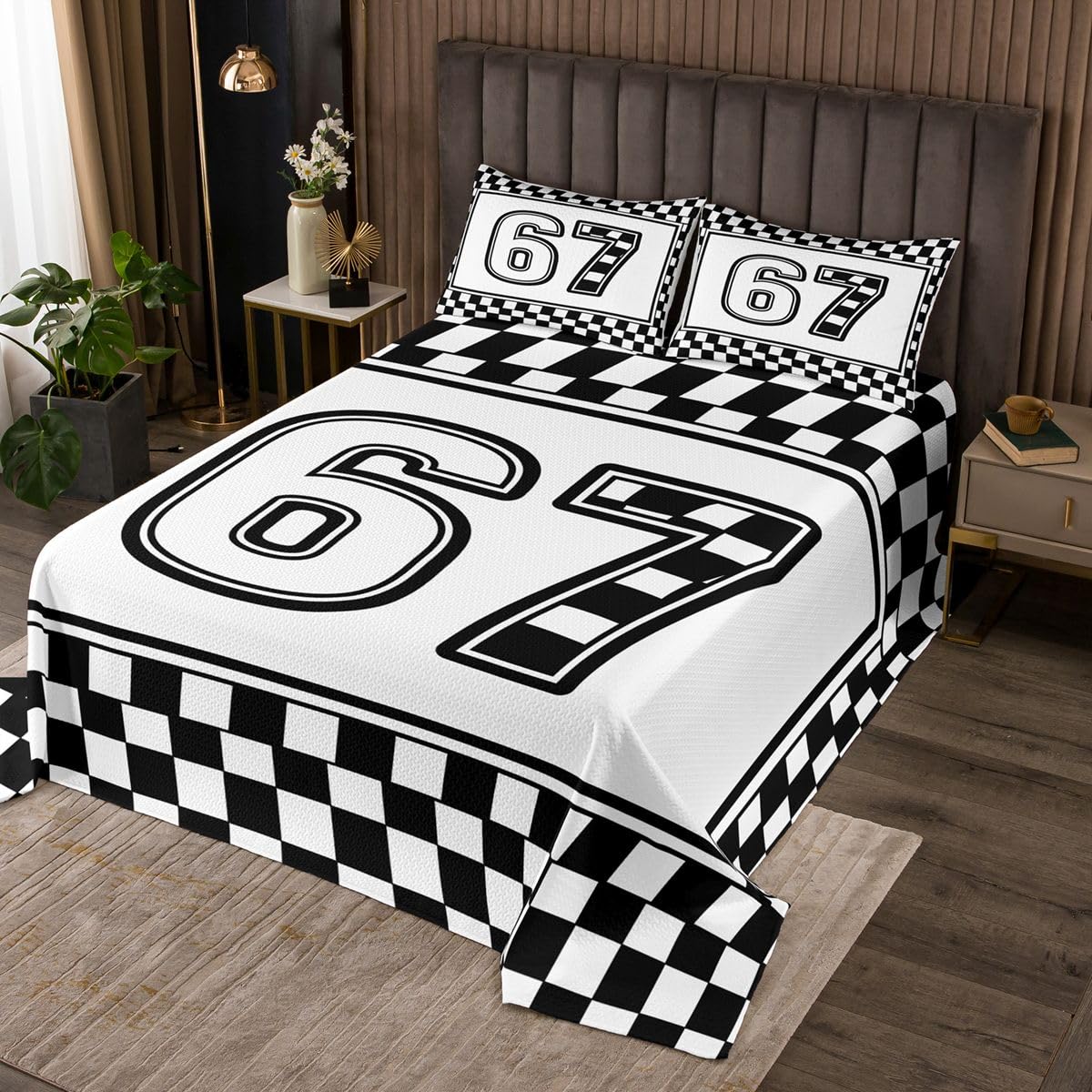 jejeloiu 6 7 Bedspread King Size Six Seven 6 7 Coverlet Set Geometric Quilted Coverlet for All Season with 2 Pillowcases Modern Abstract Art Microfiber Lightweight Six Seven